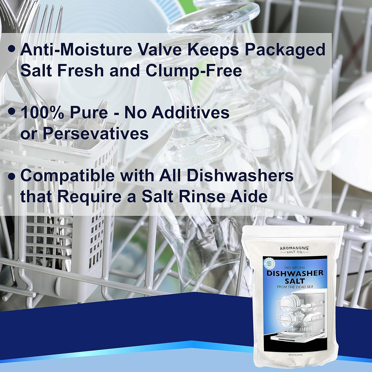 Aromasong Dishwasher Salt 15 LB - 100% Natural Water Softening Agent Compatible with Bosch, Miele, Whirlpool, Thermador, and More... for Cleaner Dishes & Washer Reactivation. (packaging may vary)