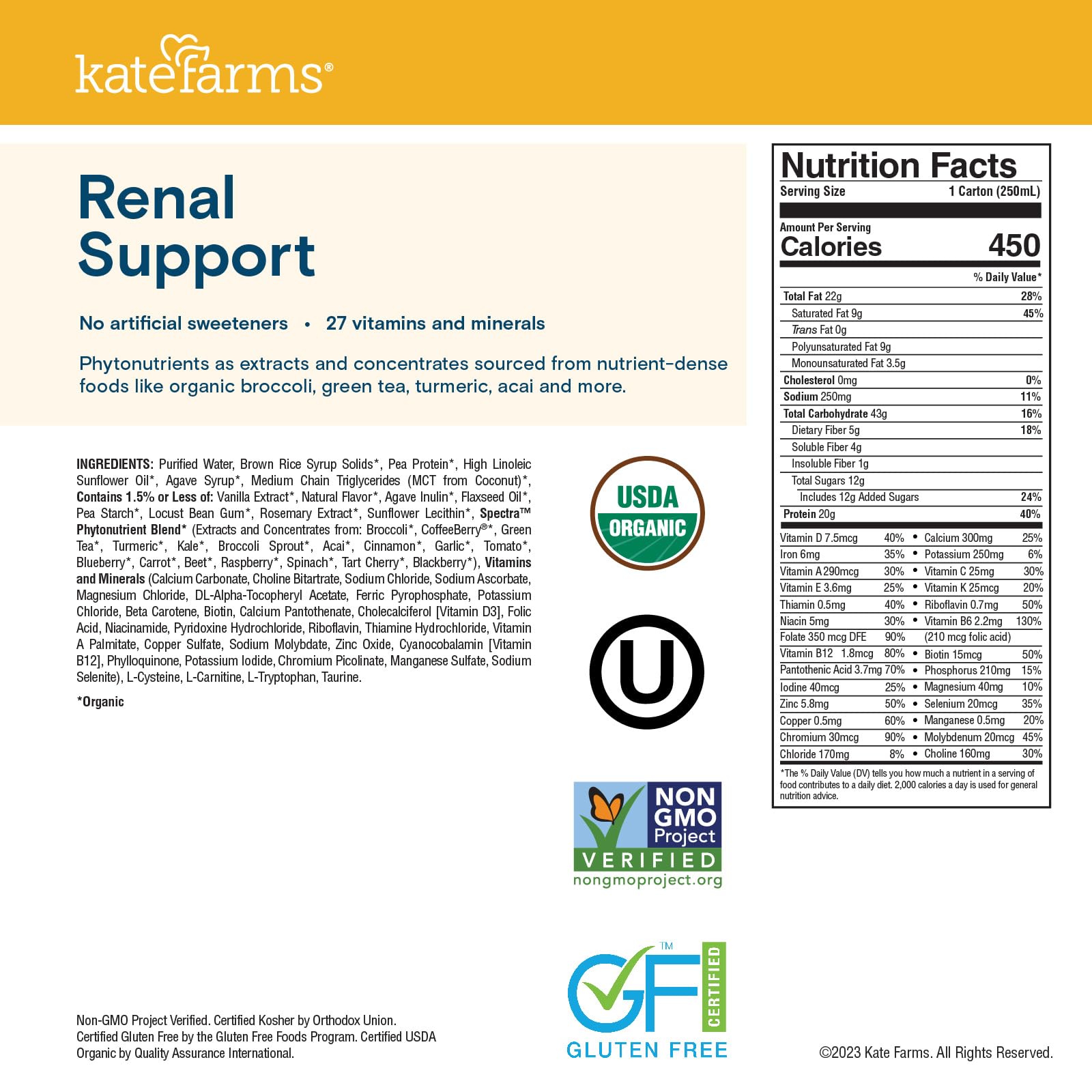 KATE FARMS Organic 1.8 Renal Support Shake, Vanilla, 20g Protein, 27 Vitamins and Minerals, Specialized Dialysis Nutrition Support, 8.45 oz (12 Pack)