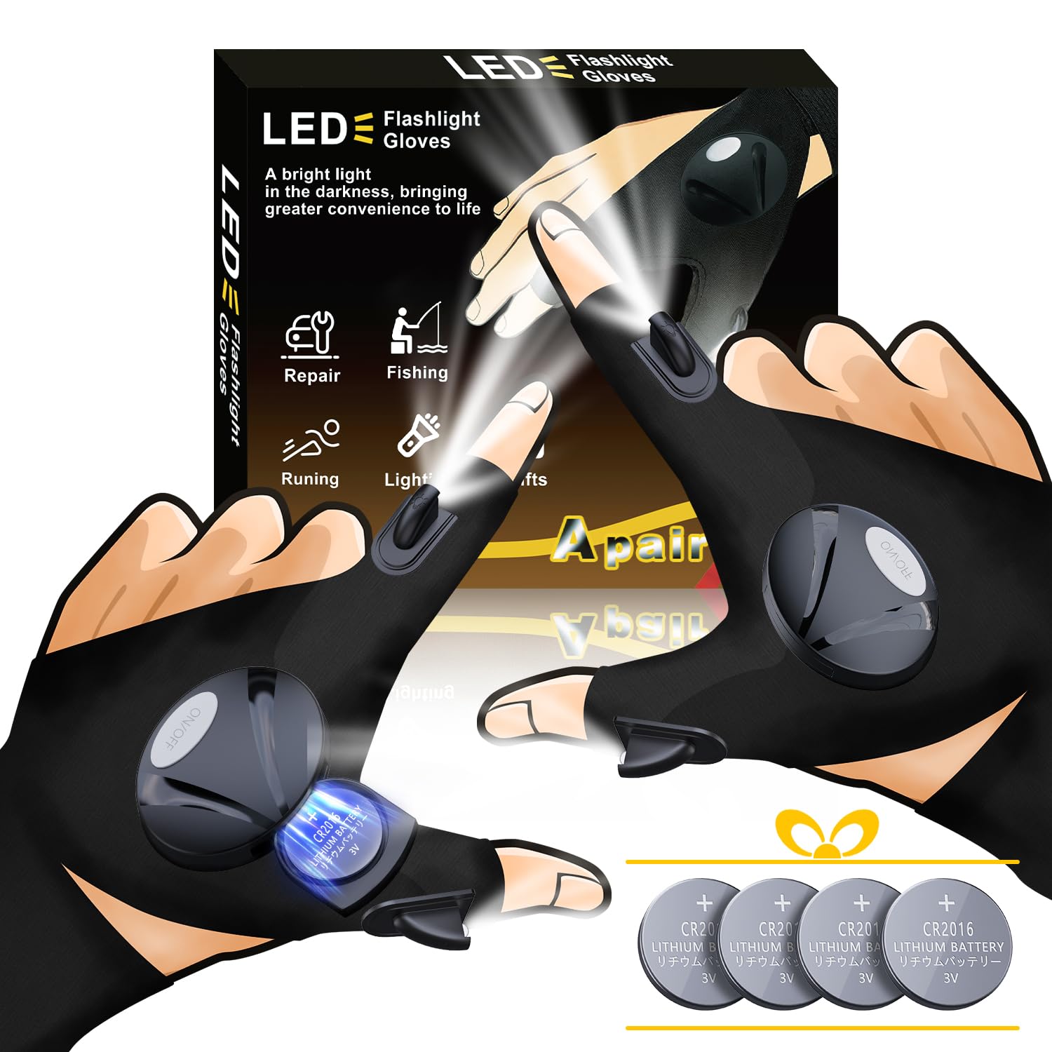 LOUISWARE LED Flashlight Gloves, Unique Gift for Men Dad Father Husband Birthday Stuff, Cool Stretchy Fingerless Light Gloves Gadget for Repairing Electrician Mechanic DIY Handmade, 1 Pair