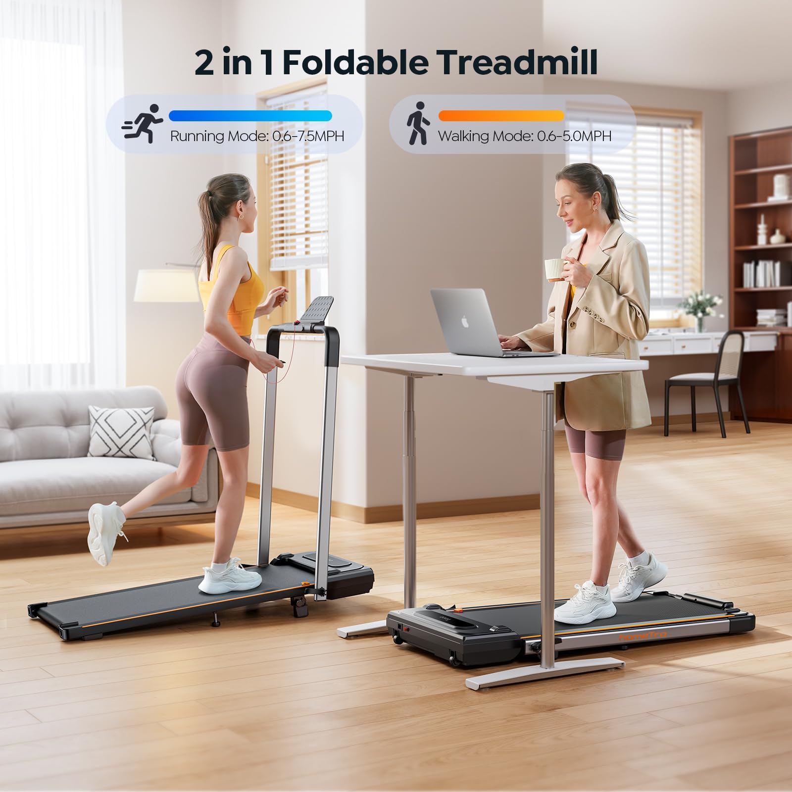 Hometro Foldable Treadmill with 7% Incline, Portable Under Desk Folding Walking Pad 0.6-7.5mph with Handle, Remote and App, 265lbs,No Assembly Needed