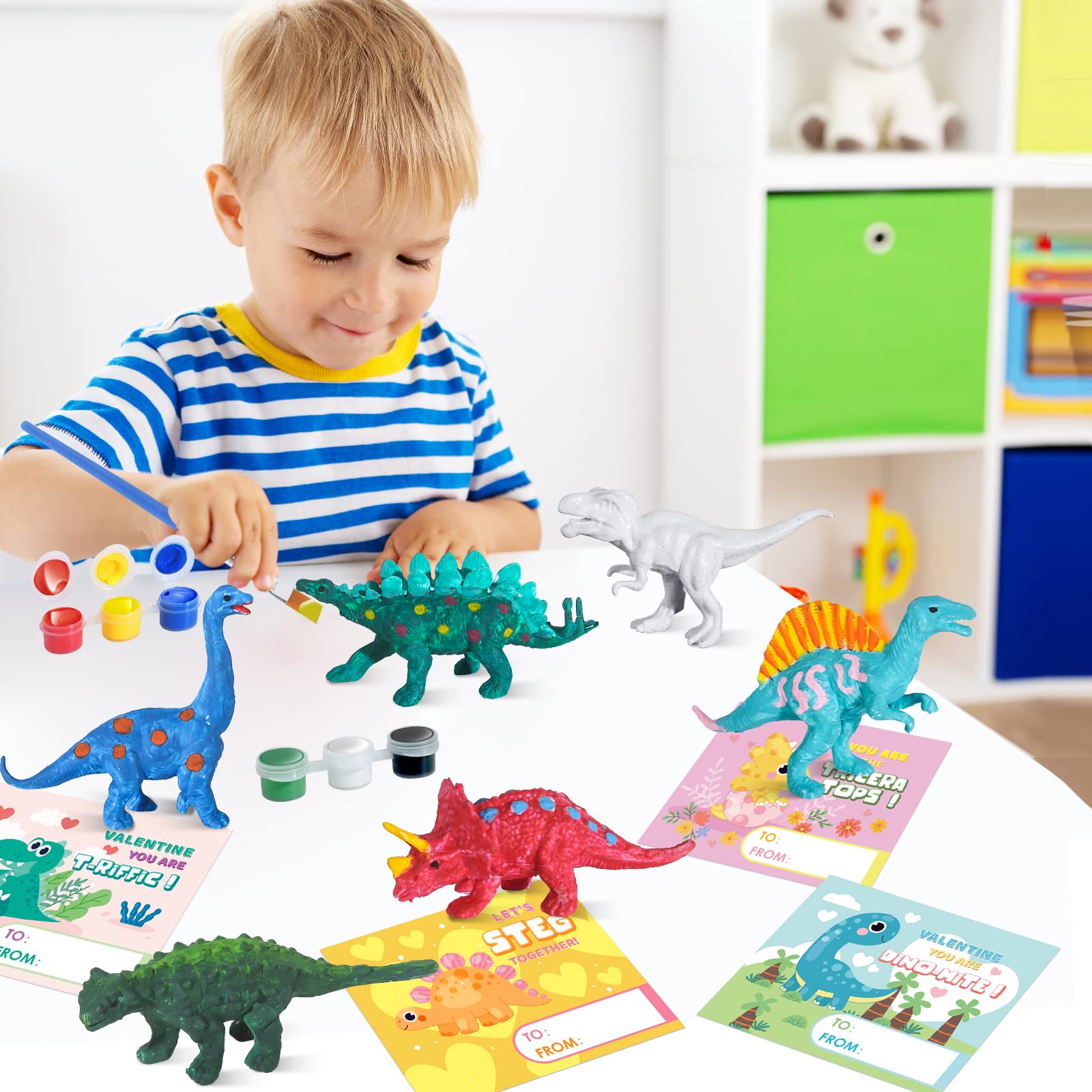 SpringFlower 24 Pack Valentine's Day Cards for Kids with Dinosaur Painting Kit for School Classroom Valentine's Gift Exchange, Valentine's Party Favor for Kids, Valentine's Prizes and Events
