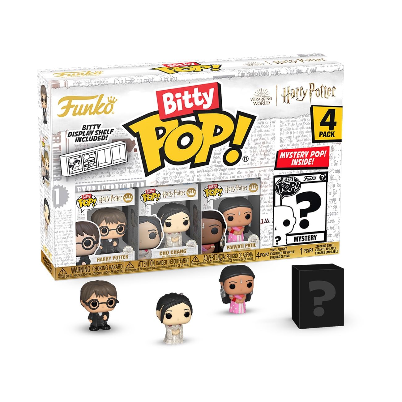 Funko Bitty POP! Harry Potter Goblet of Fire, 4-Pack - Harry, Cho, Parvati, and a Surprise Mystery Mini Figure - 0.9 Inch (2.2 Cm) - Harry Potter Collectable - Stackable Display Shelf Included