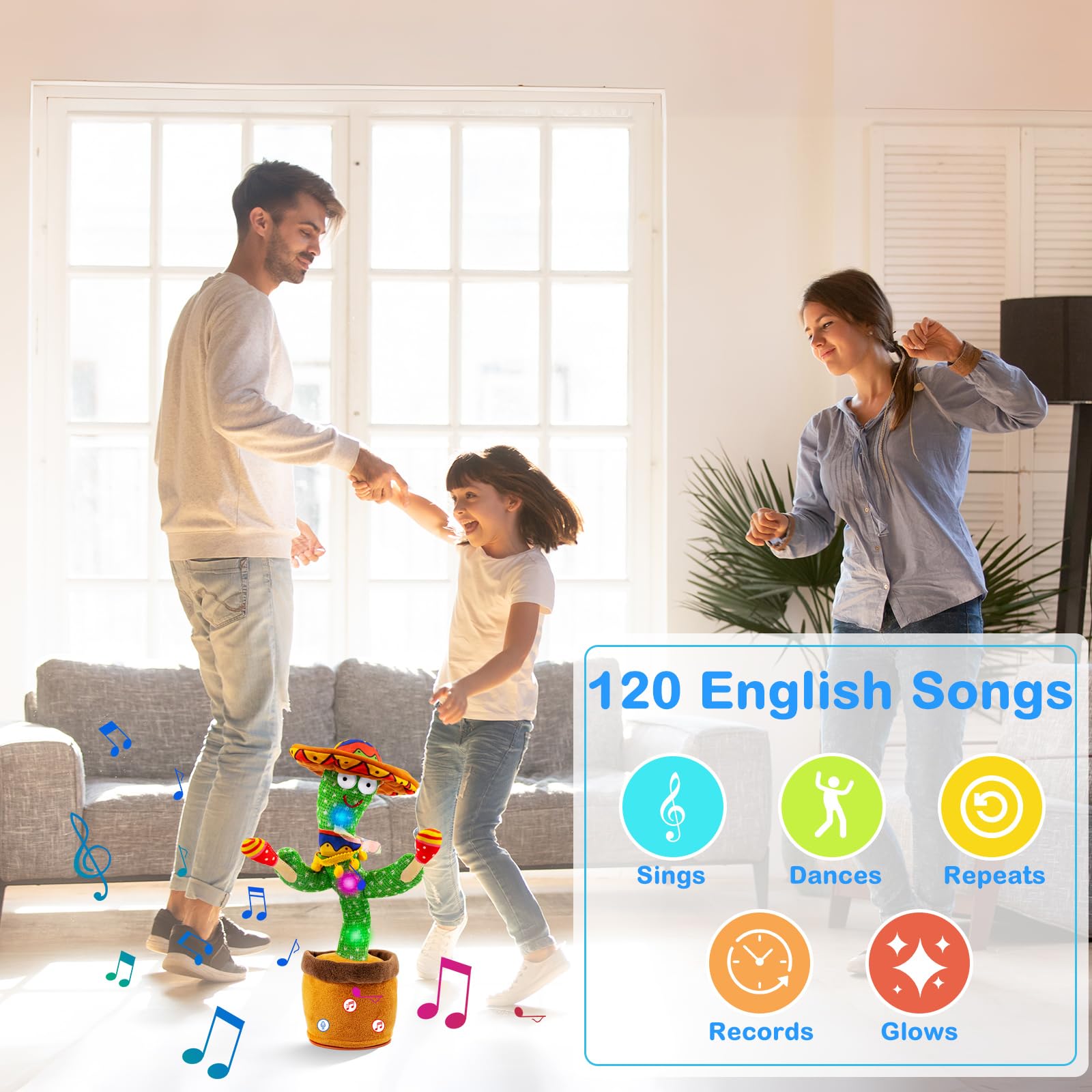 Ayeboovi Dancing Talking Cactus Toys for Baby Boys and Girls, Kids Adjust Volume Singing Record Repeating What You Say Sunny Cactus Mimicking Toy Electronic Light Up Plush Toy with 120 Songs