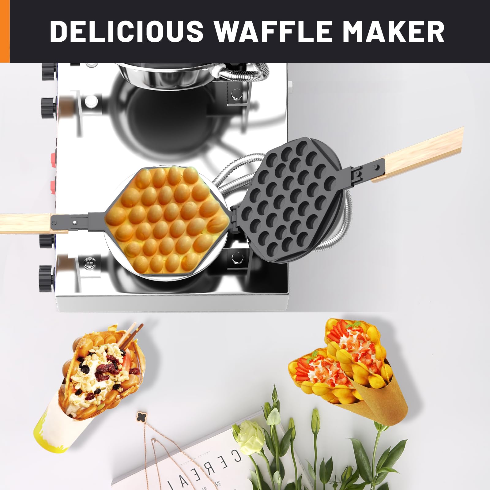 SICHI Bubble Waffle Maker Machine with 550℉Heating and Timer Control,7'' x 8'' Large Egg Pancake Double-sided Egg Waffle Maker with Nonstick,Commercial double-head Waffle Maker for Restaurant Kitchen