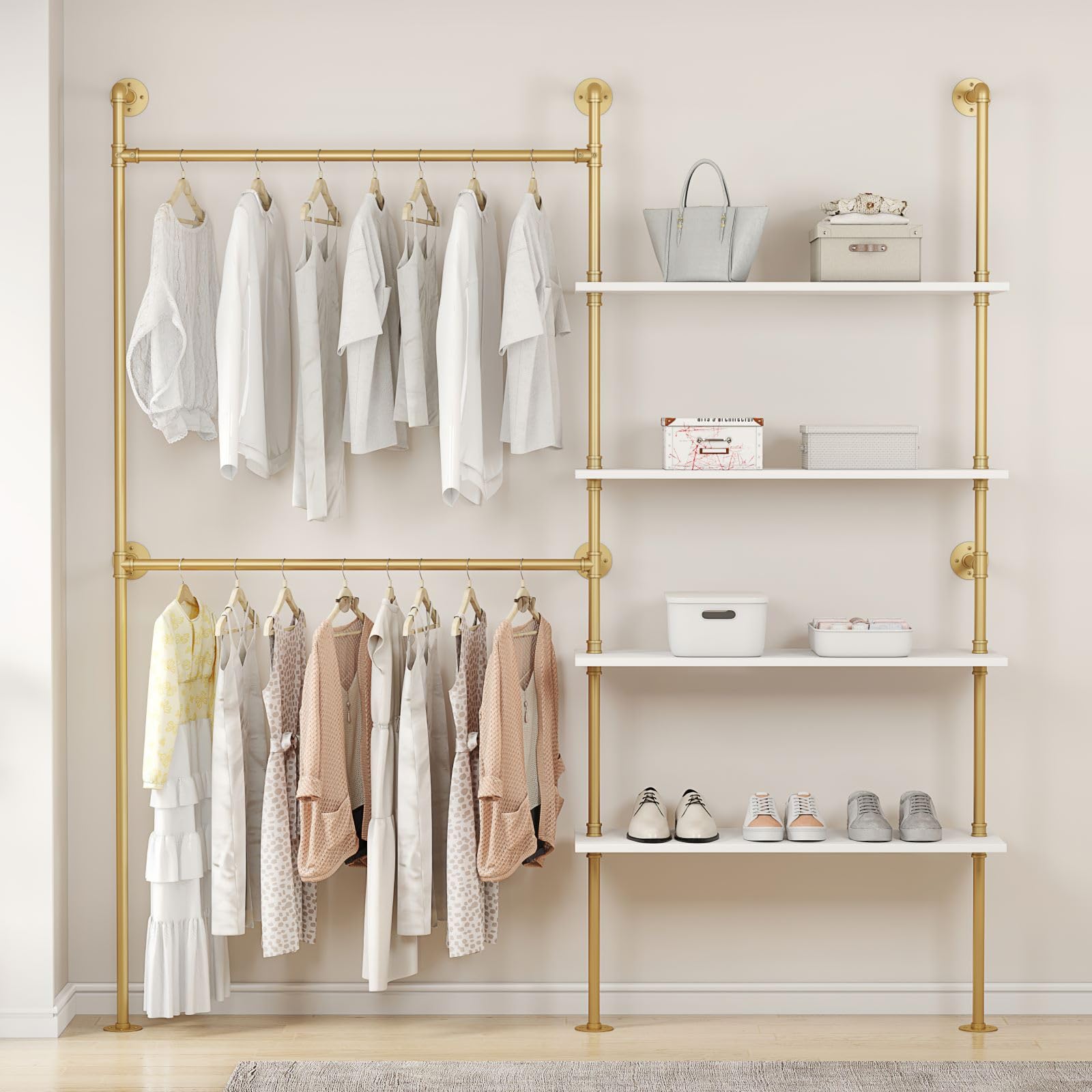 Woskar Industrial Pipe Clothing Rack, Hanging Rods Clothes Rack with Shelves, Clothes Rack for Wardrobe, Corner Closet System for Walk in Closets (Gold)