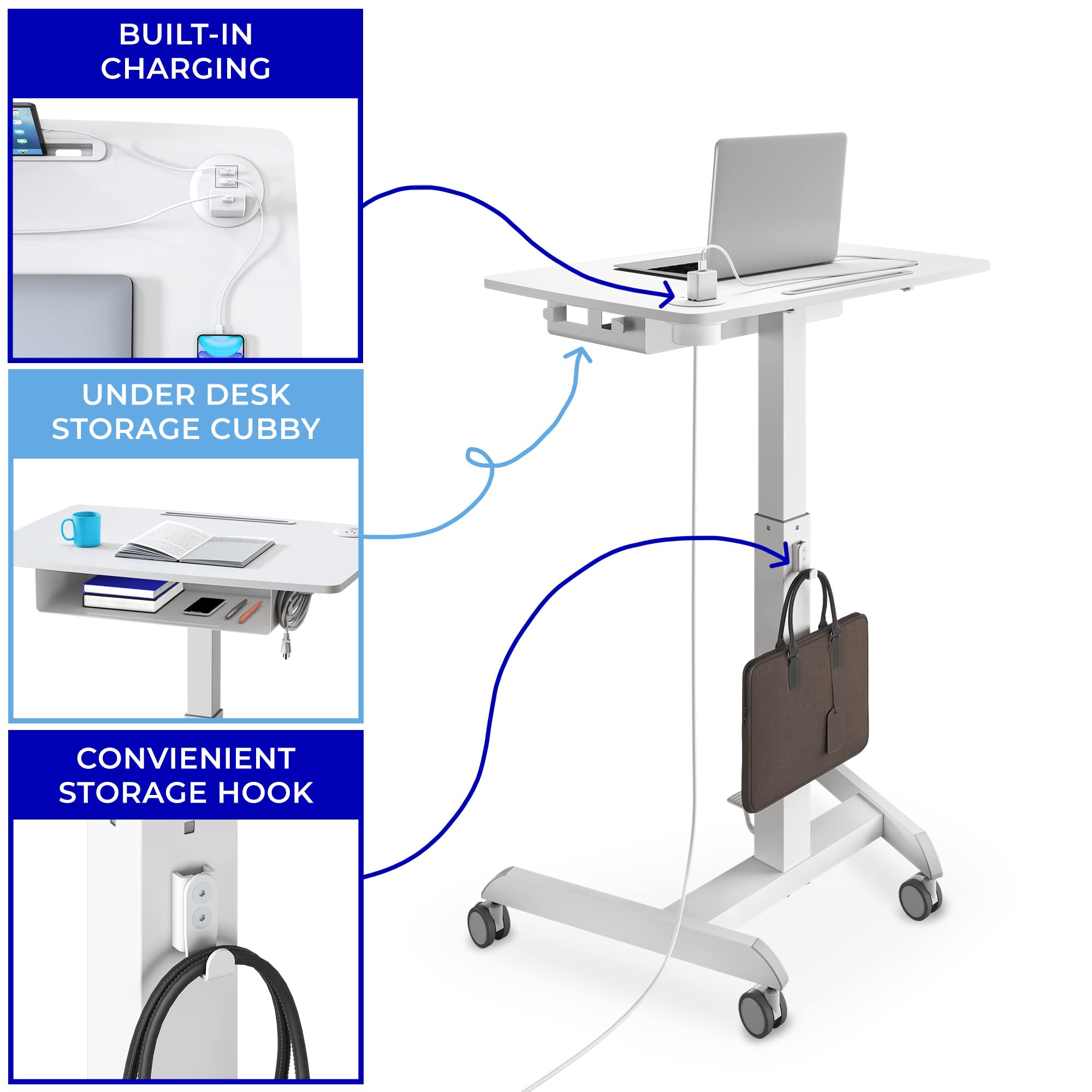 Stand Steady Cruizer™ Mobile Podium with UL Safety Certified Power Outlets | 31in Height Adjustable Student Desk with Built-In Storage | Portable Standing Desk | Rolling Laptop Desk (White/31 x 22in) 