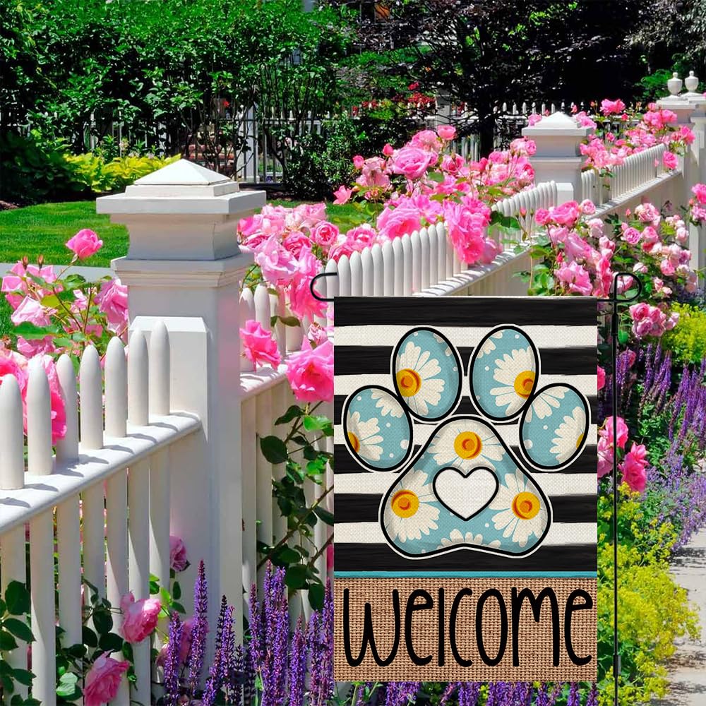 CROWNED BEAUTY Spring Garden Flag Paw Print 12x18 Inch Double Sided Small Burlap Holiday Stripes Flag for Outside Yard Welcome (Daisy) CF1567-12