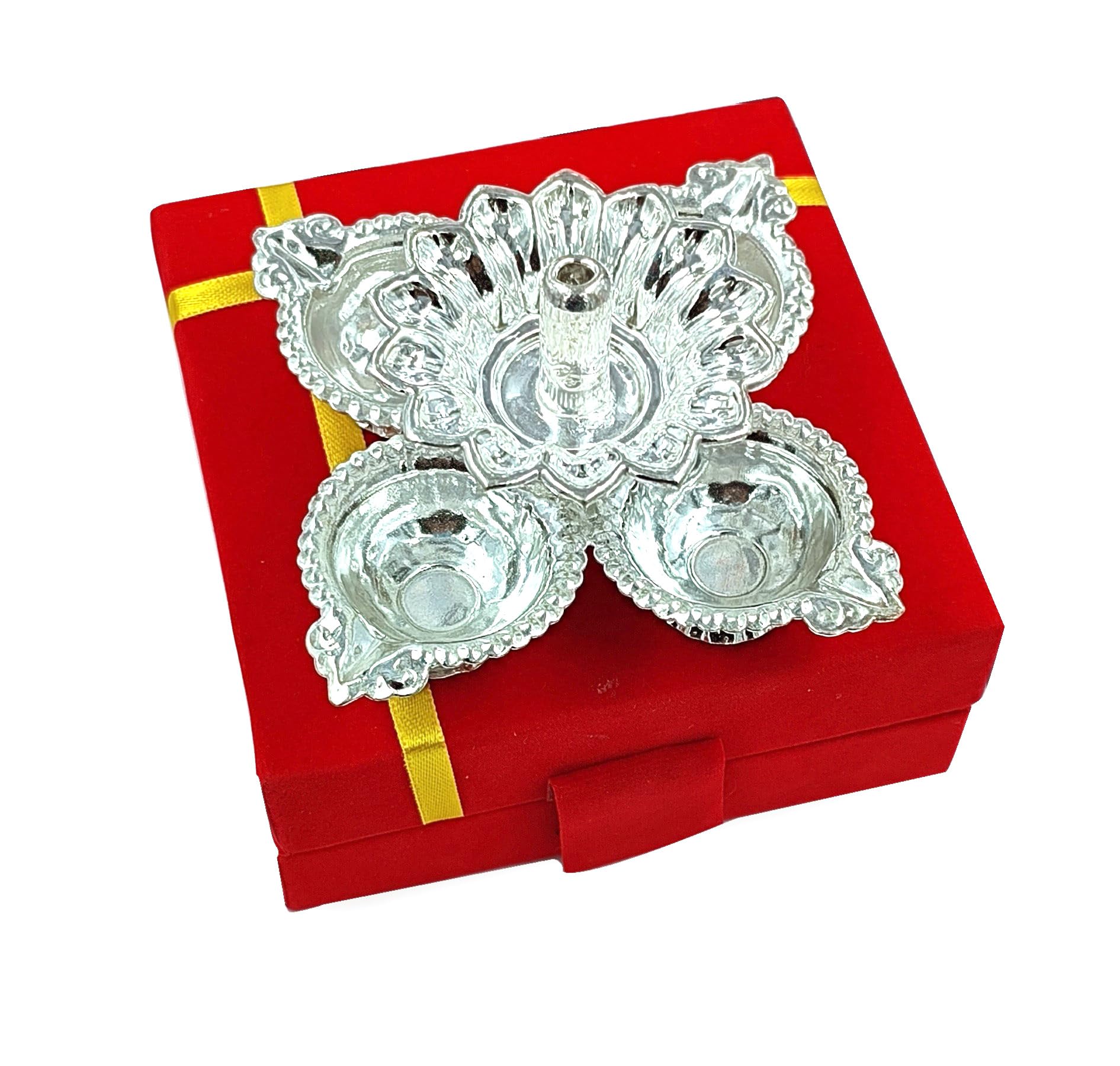 NOBILITY Silver Plated Diya with Red Velvet Gift Box Panchmukhi Dia Pooja Items Diwali Decoration Puja Gifts Handmade Oil Lamp Traditional Indian Deepawali Gift Items 6 Sets