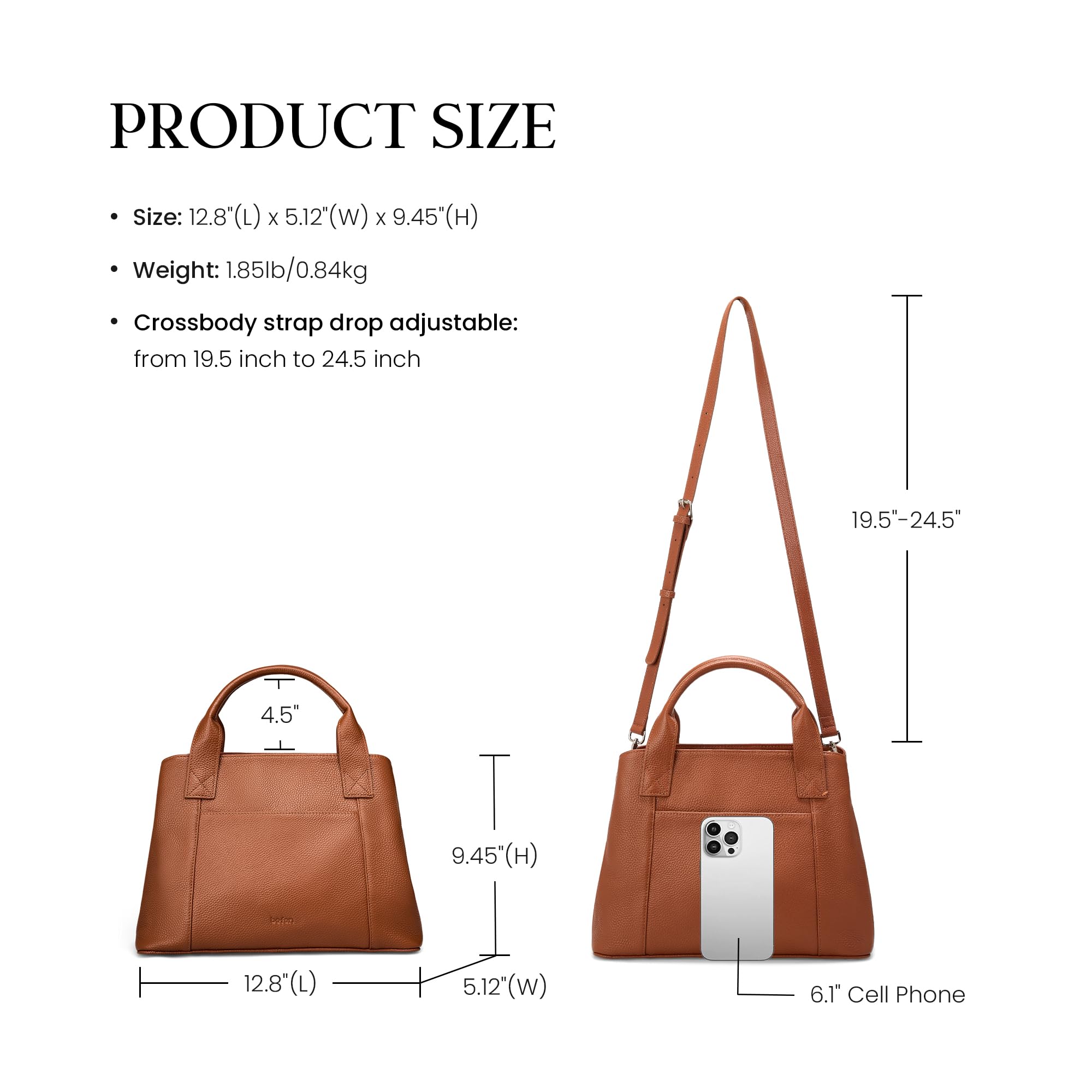befen Womens Genuine Leather Purse and Handbags, Crossbody Shoulder Bags for Women, Small Satchel Tote Bag with Zipper Brown