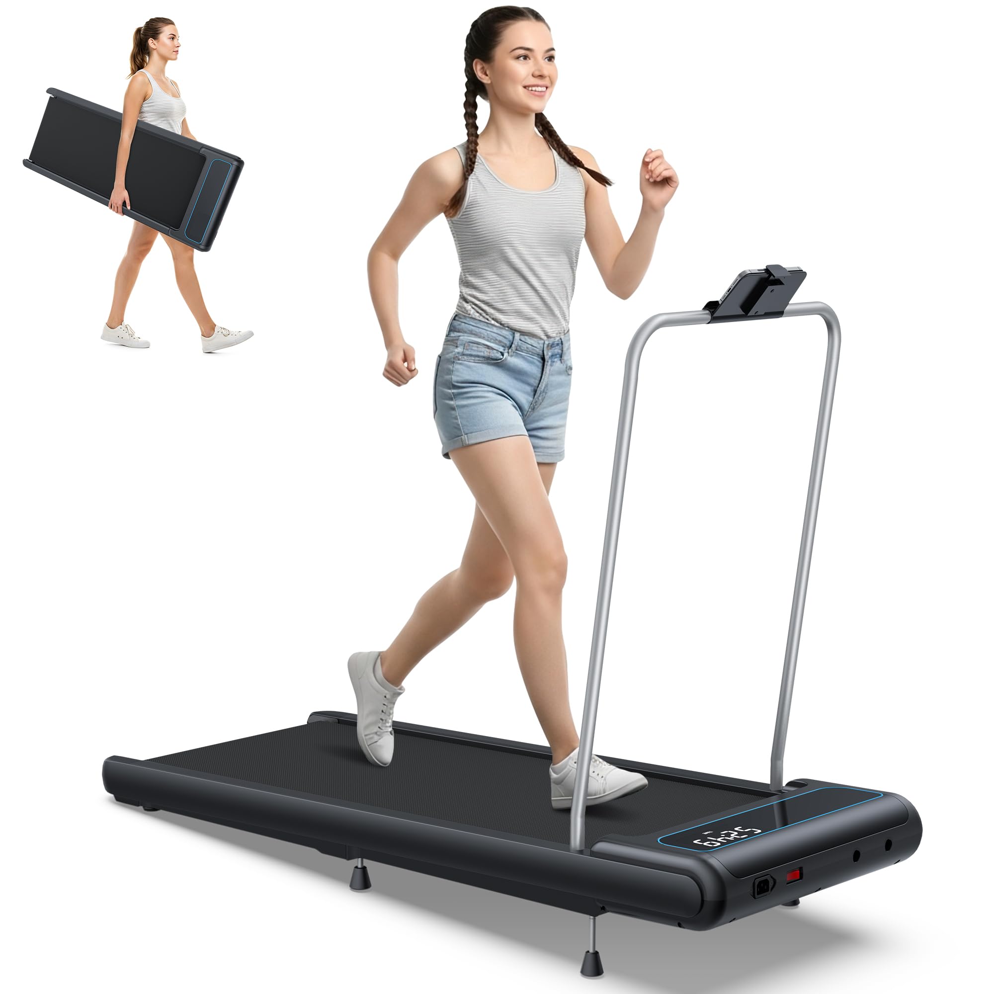 10% Incline Under Desk Walking Pad, 2.5HP 5MPH Treadmill with Removable Handle, Lightweight Treadmills for Home Office Small Apartment, Works with Apps & Mute Remote Control, No Installation