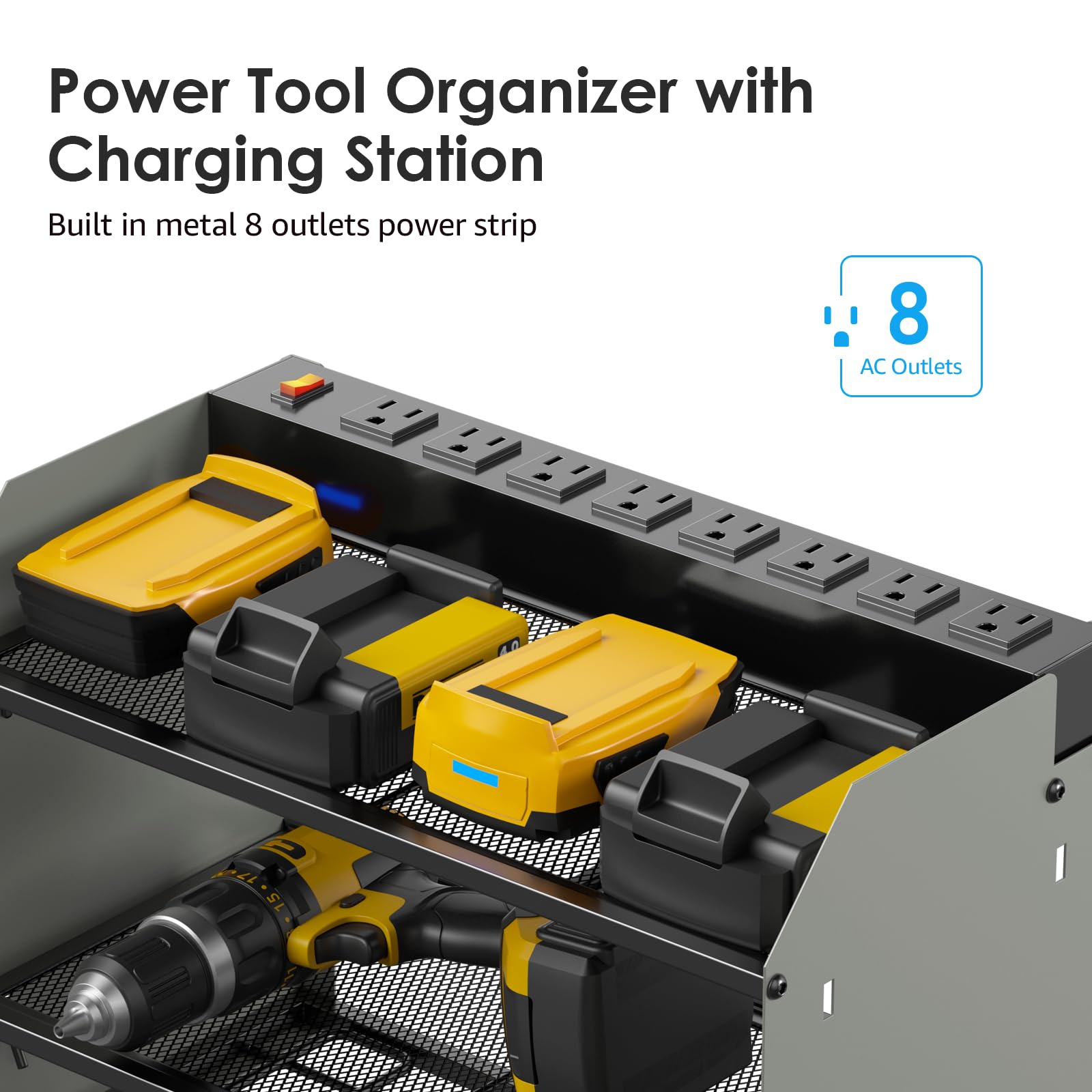 CCCEI Set Power Tool Organizer Wall Mount with Charging Station. Garage 4 Drill Storage Shelf with Hooks, Heavy Duty Metal Tool Battery Charger Organizer. Shop Utility Rack with Power Strip Grey.