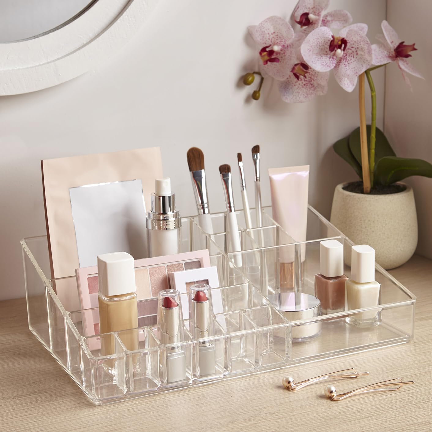 STORi Audrey Clear Vanity Makeup Organizer | 15-Compartment Holder for Brushes, Eyeshadow Palettes, & Beauty Supplies | Stacks on Audrey Storage Drawers | Made in USA