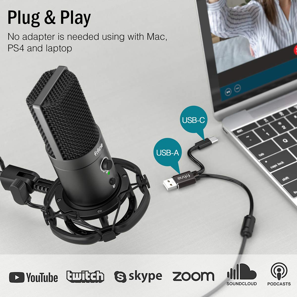 FIFINE USB Gaming Streaming Microphone Kit for PC Computer, Condenser Mic Set with Arm Stand Mute Button & Gain, Mic Studio Bundle for Podcast Recording Twitch Discord YouTube Zoom, USB C & A -T683