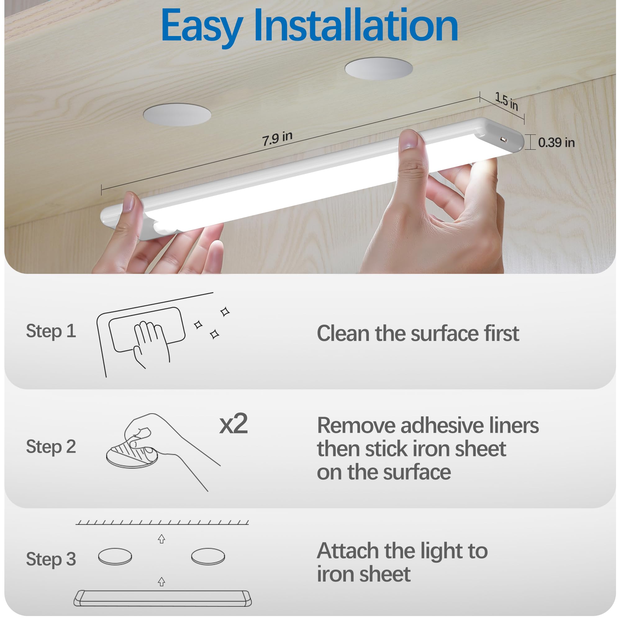 YLXS Motion Sensor Under Cabinet Lights, Magnetic Rechargeable Under Counter Closet Light, Wireless Night Light Bar Stick-On, 2-Pack, Cool White