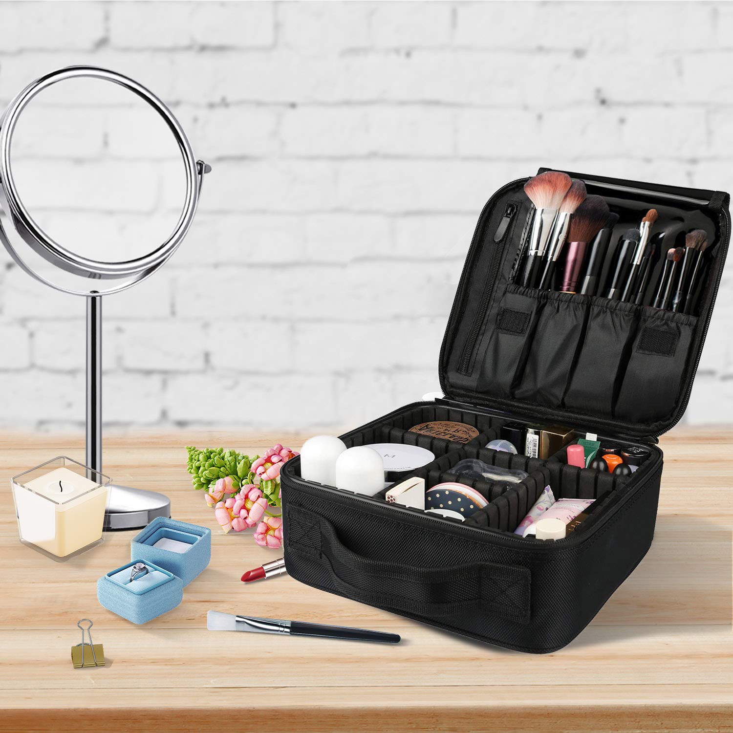 Bvser Travel Makeup Case, Cosmetic Train Case Organizer Portable Artist Storage Makeup Bag with Adjustable Dividers for Cosmetics Makeup Brushes Toiletry Jewelry Digital Accessories - Black