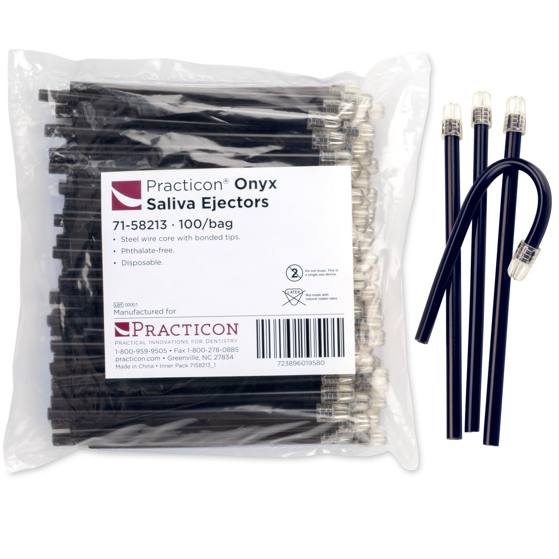 Practicon Onyx Disposable Saliva Ejectors, Black Dental Evacuation Suction Tips, 100 Pack