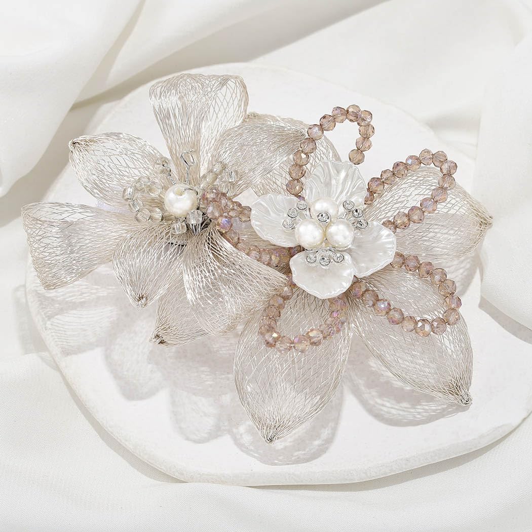 Campsis Wedding Hair Piece Pearl Bridal Headpiece Flower Bride Hair Barrettes Copper Wire Wedding Hair Accessories for Women and Girls