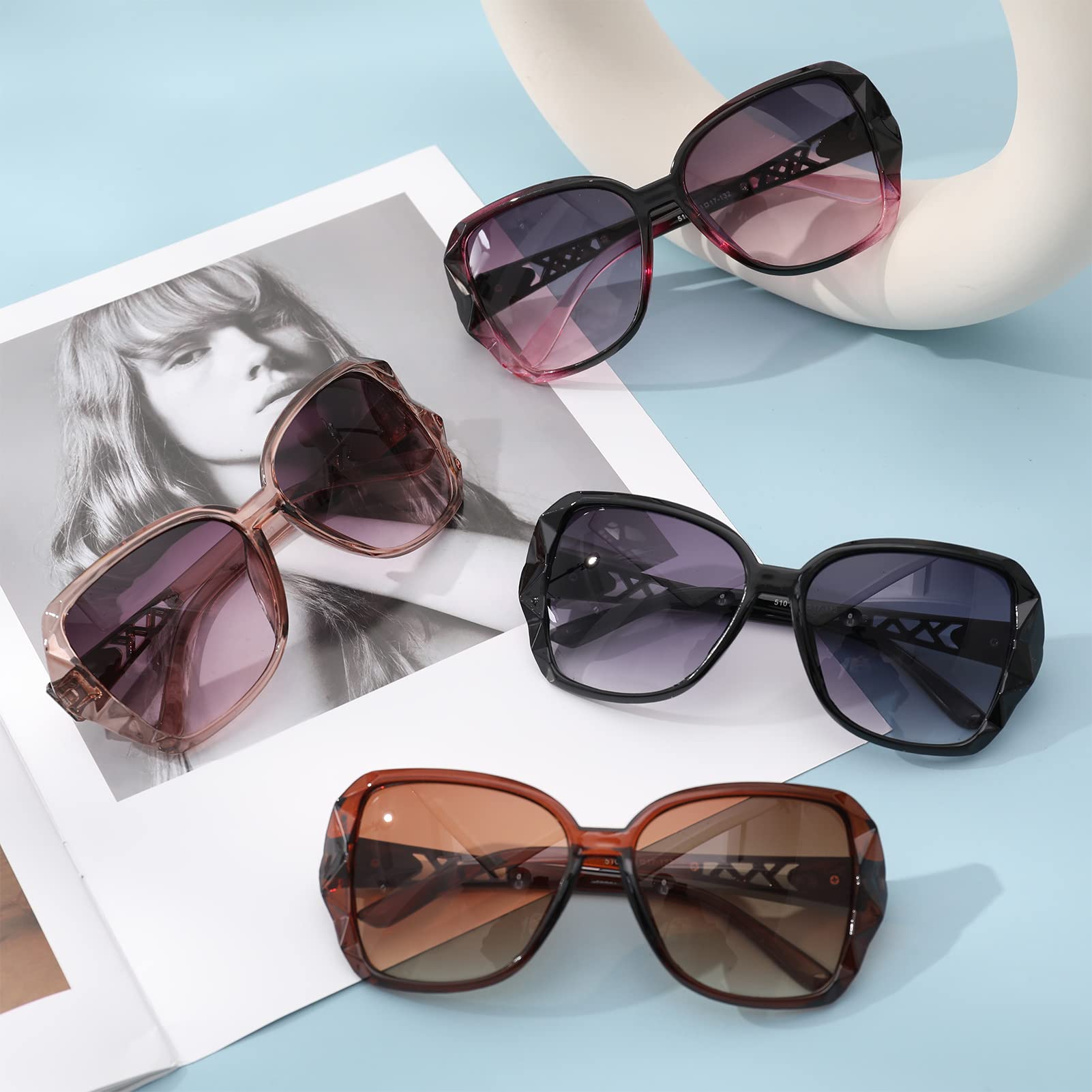 DragonflyDreams 4 Pcs Women Large Sunglasses, UV 400 Glasses Oversized Classic Trend Ladies Sunglasses Sparkling Large Frame Multicolor