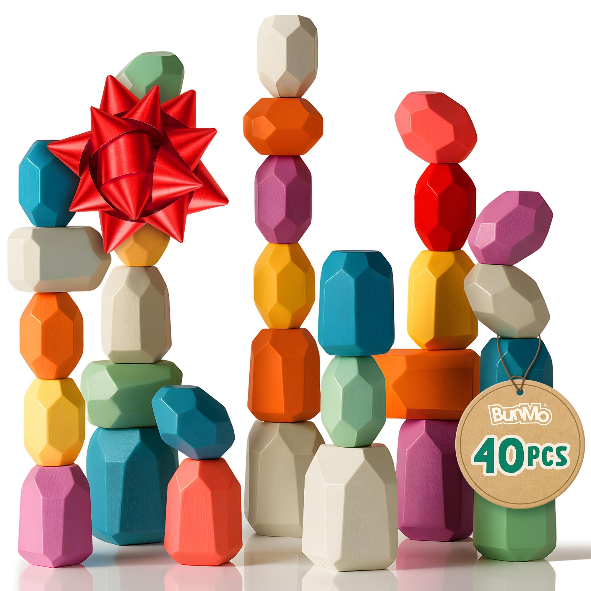BUNMO 40pcs Wooden Stacking Toys - Montessori Educational Blocks for Toddlers, Non-Toxic, Safe, and Durable for Kids’ Creative Play and Learning