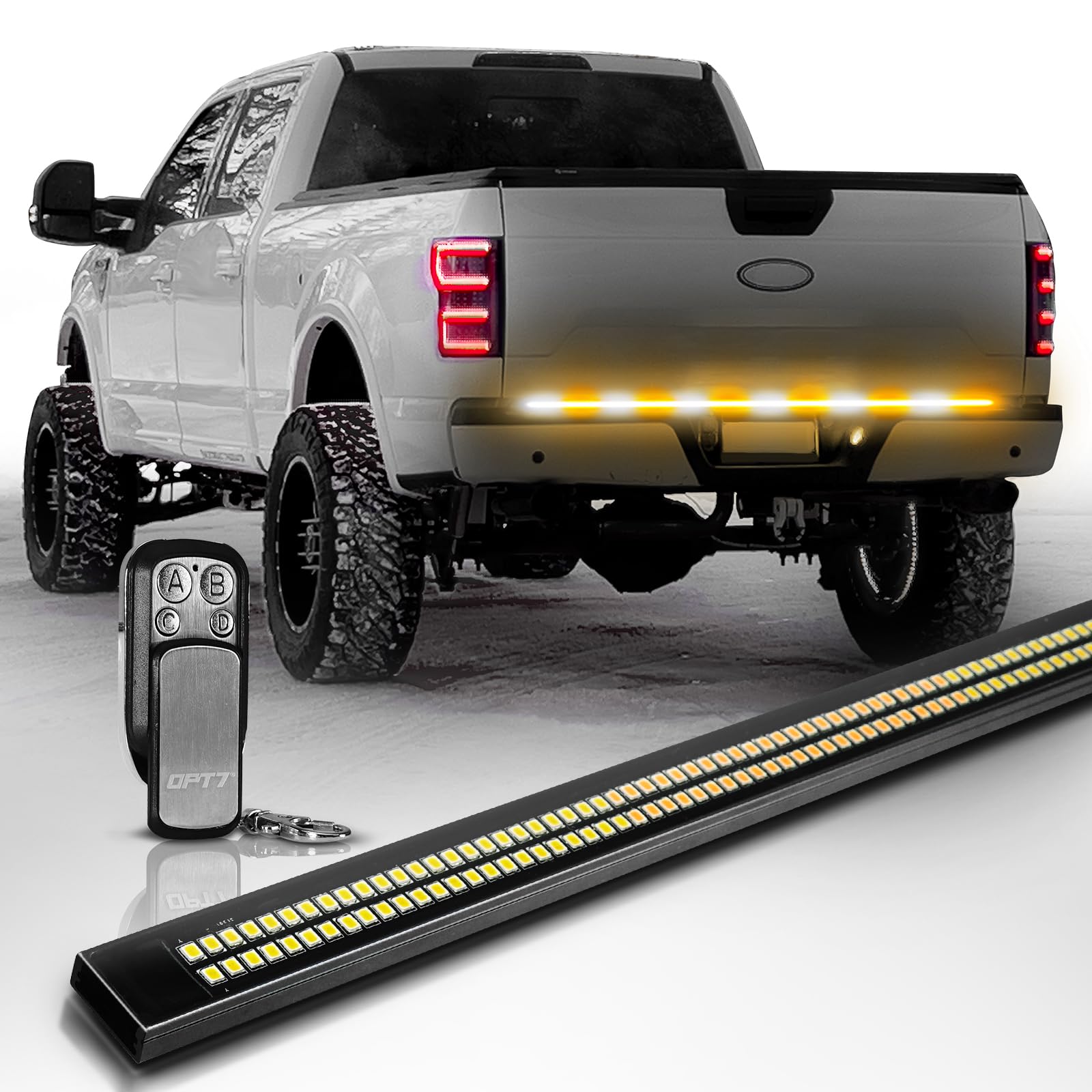 OPT7 60" Tailgate Strobe Light Bar, Double Row LED Aluminum Weatherproof Strobe Light Strip w/Amber White Flashing Warning Hazard Emergency Light for F150 Silverado Truck Trailer Construction Vehicles