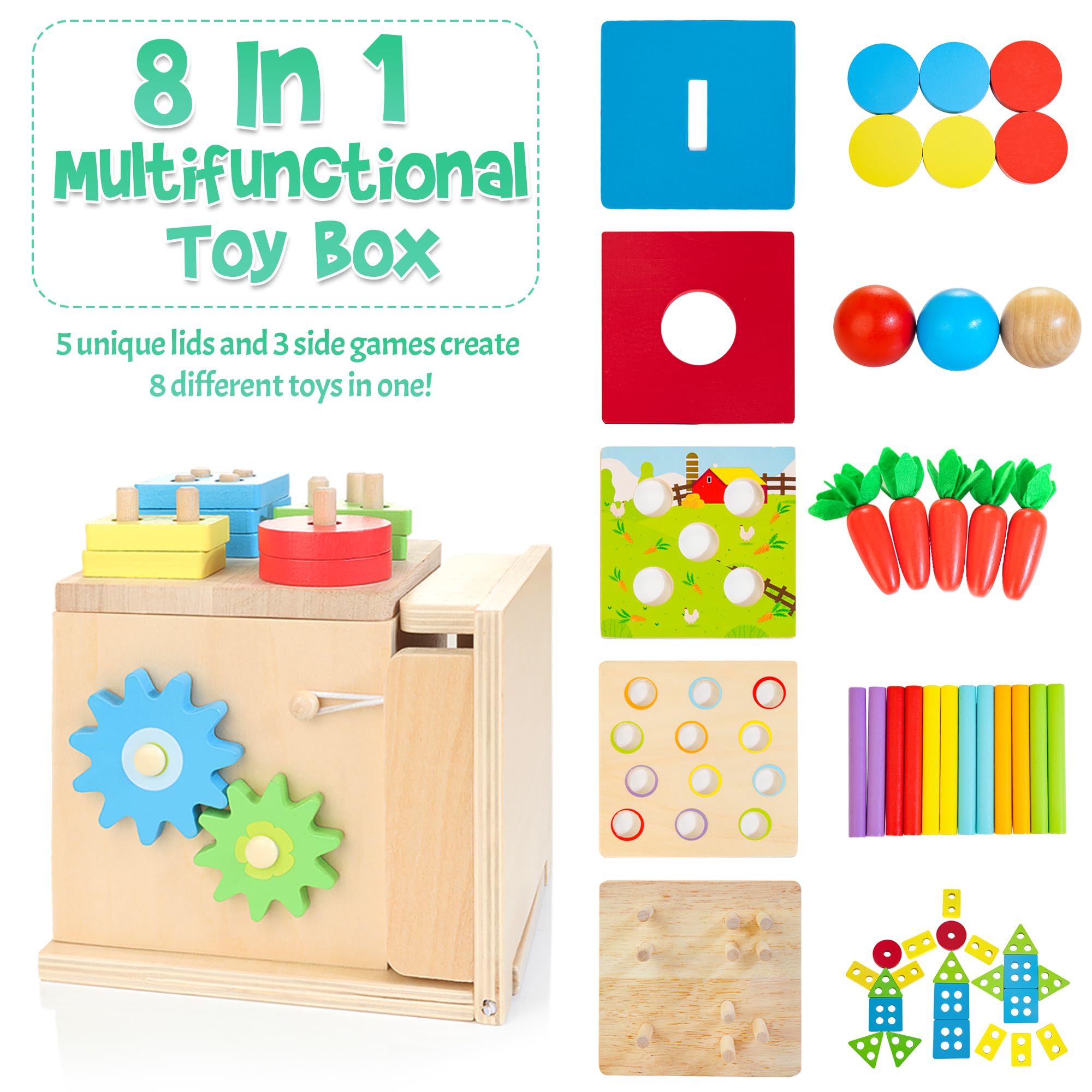 Kizfarm Wooden Montessori Baby Toys, 8-in-1 Wooden Play Kit Includes Object Permanent Box, Coin Box, Carrot Harvest, Shape Sorting & Stacking - Christmas Birthday Gift for Boys Girls Toddlers