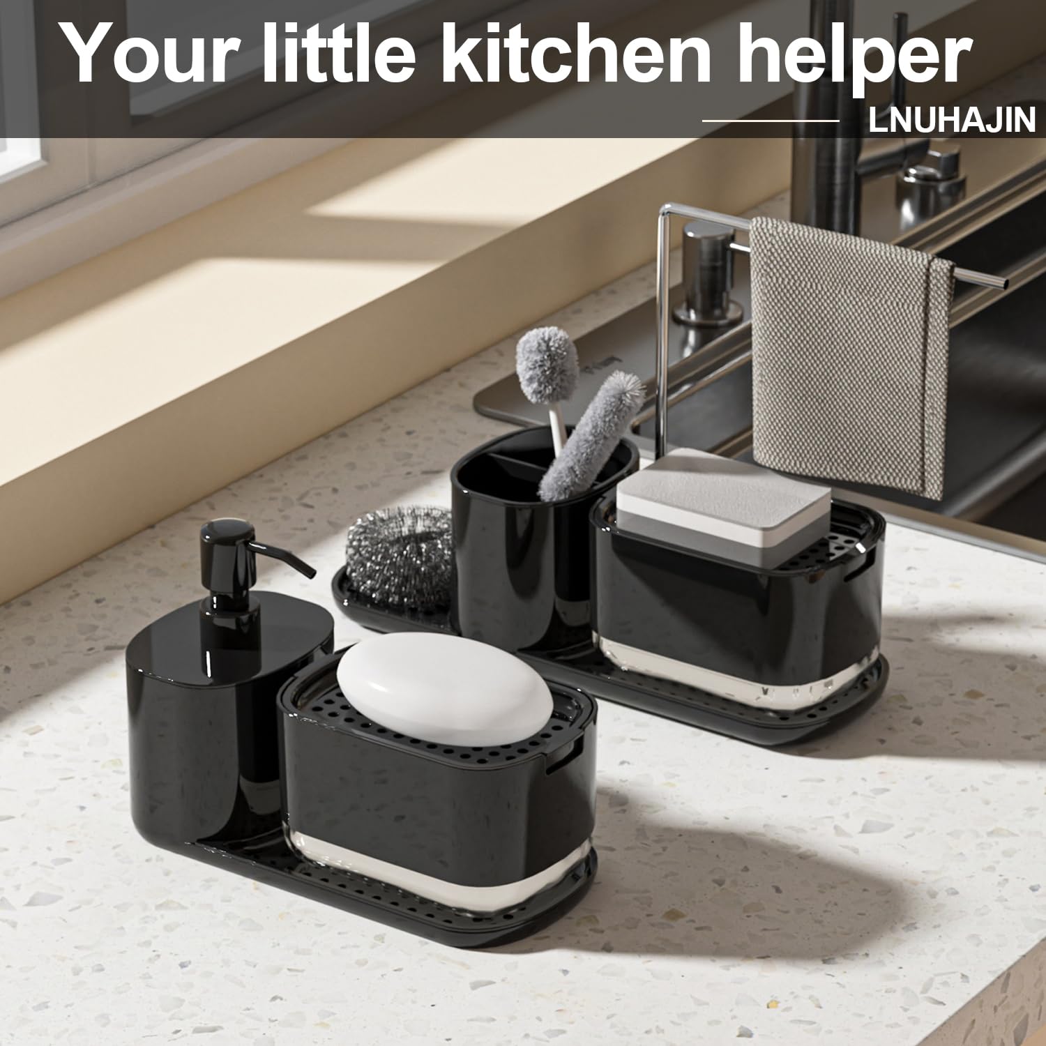 Kitchen Soap Dispenser Set with Tray and Sponge Holder, Dish and Hand Soap Dispenser with Dishcloth Holder 3-in-1 Kitchen Sink Countertop Storage Organizer,Includes Dish Towel and Sponge(Black)