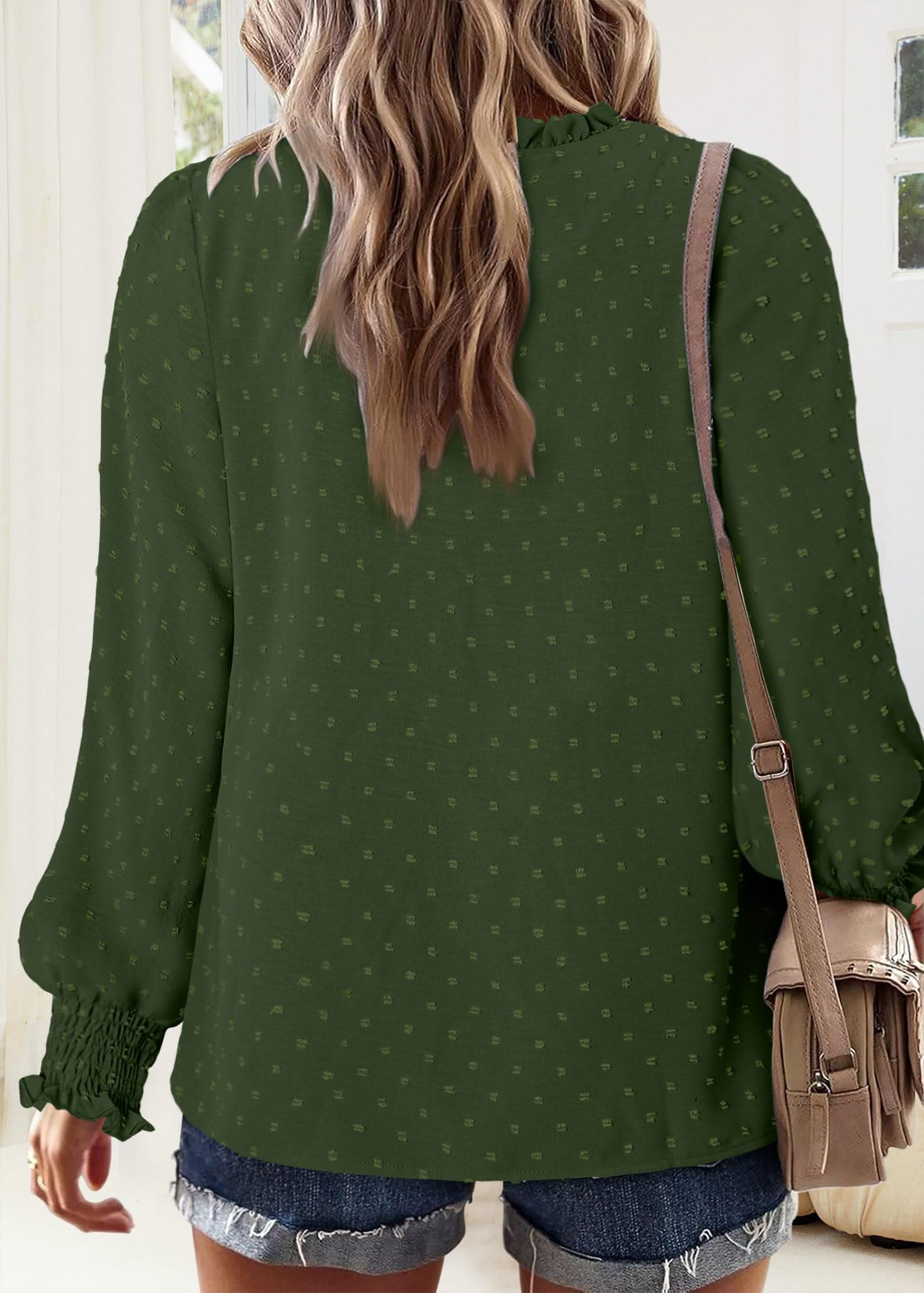BETTE BOUTIK Flowy Boho Tops Womens Long Sleeve Fall Cute Dressy Casual Shirts Loose Chic Winter V Neck Lace Western Work Swiss Dot Blouses Blackish Green XL