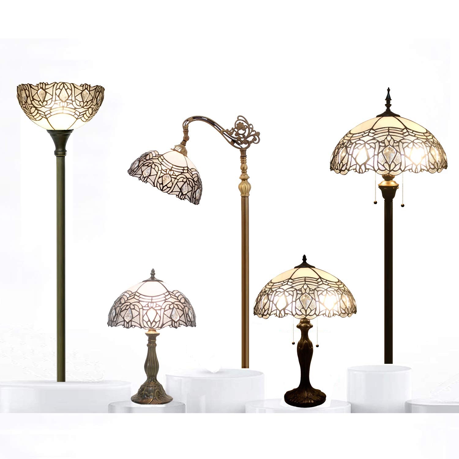 WERFACTORY Tiffany Floor Lamp White Crystal Stained Glass Light 12X12X66 Inches Pole Torchiere Standing Corner Torch Uplight Decor Bedroom Living Room Home Office S508W Series