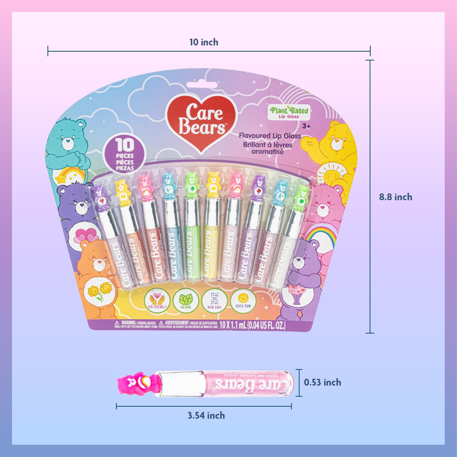 Townley Girl Care Bears 10 Piece Plant Based Lip Gloss, Girls Party Favors, First Makeup Set for Girl, Perfect for Parties, Sleepovers, and Birthday Gifts, Ages 3