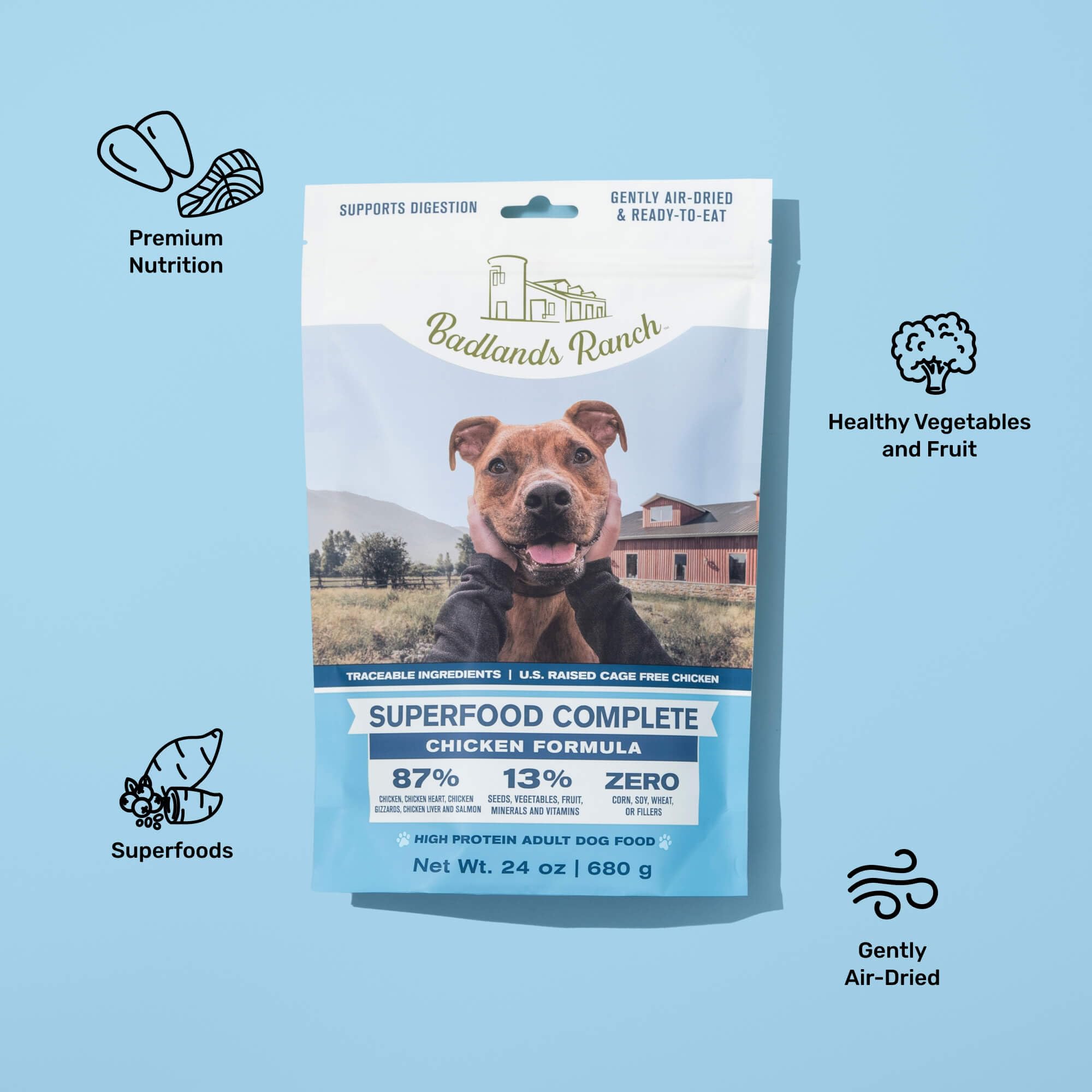 BADLANDS RANCH - Superfood Complete, Air-Dried Adult Dog Food - High Protein, Zero Fillers, Superfood Nutrition by Katherine Heigl (24 oz., Premium Chicken)