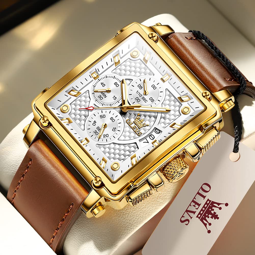 OLEVS Watch for Men Chronograph Square Brown Leather Fashion Big Face Business Drees Waterproof Luminous Casual Business Man Watch