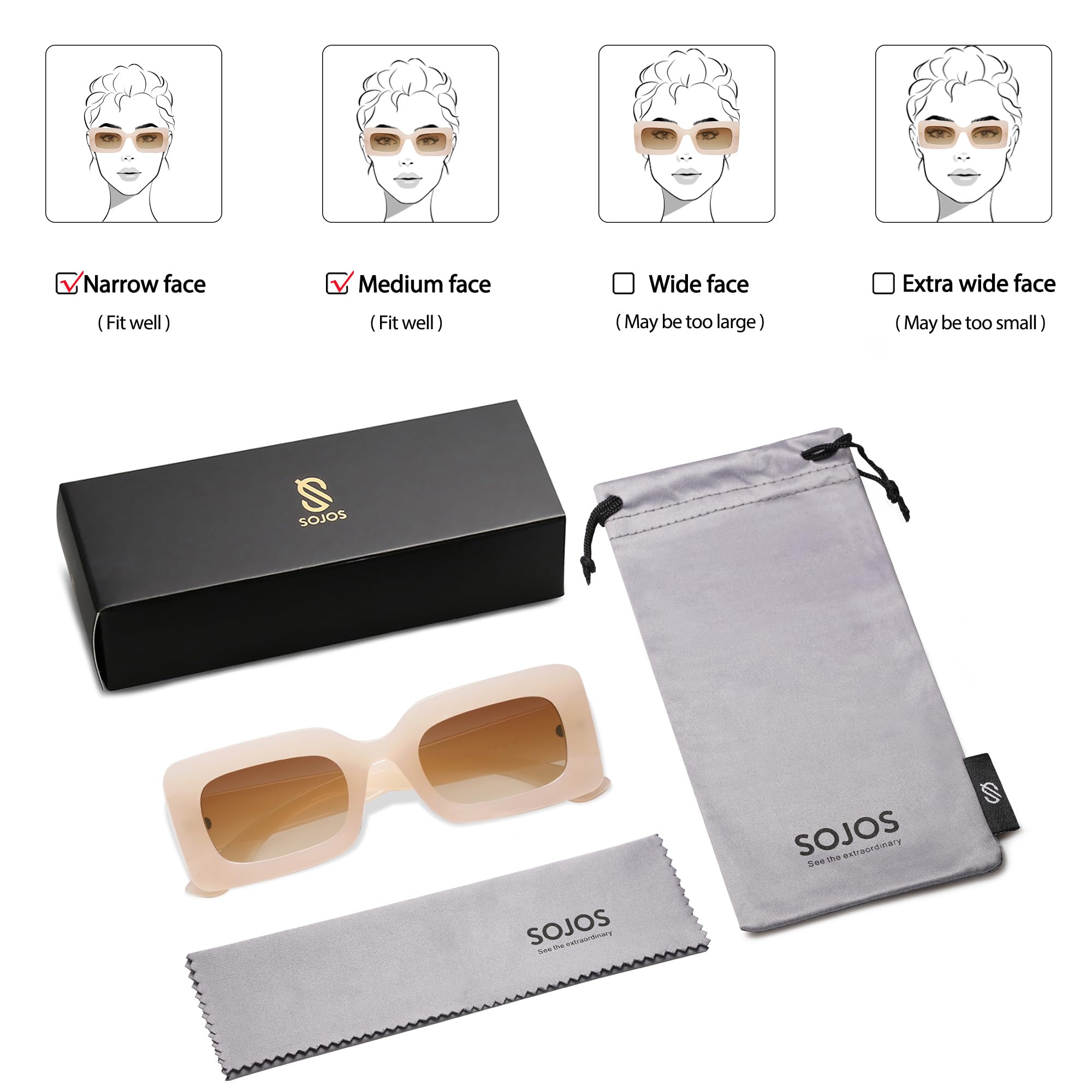 SOJOS Retro 90s Nude Rectangle Sunglasses Womens Mens Trendy Chunky Glasses Beige Frame Brown Lens
