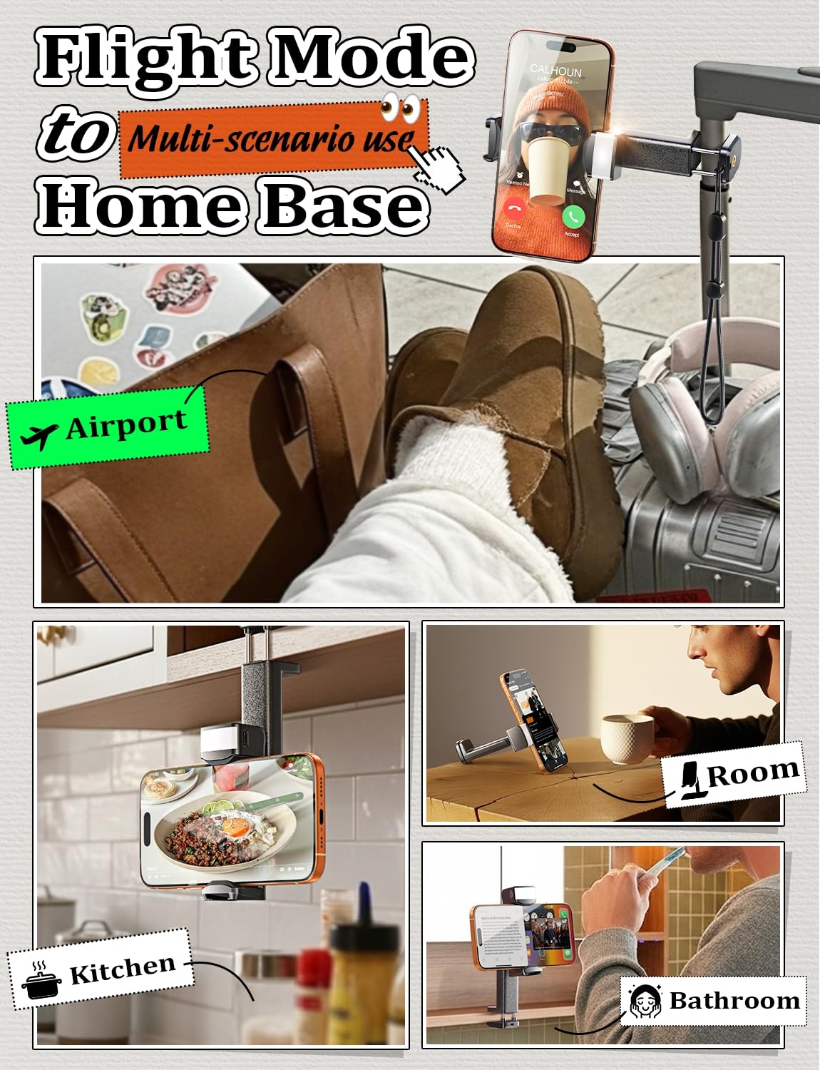 LISEN Best Airplane Tech Gadgets Tech Accessories Airplane Phone Holder (LED Light) Travel Essentials for Flying Gifts for Women Her Long Flight Travel Accessories for Women Men Selfie Photography