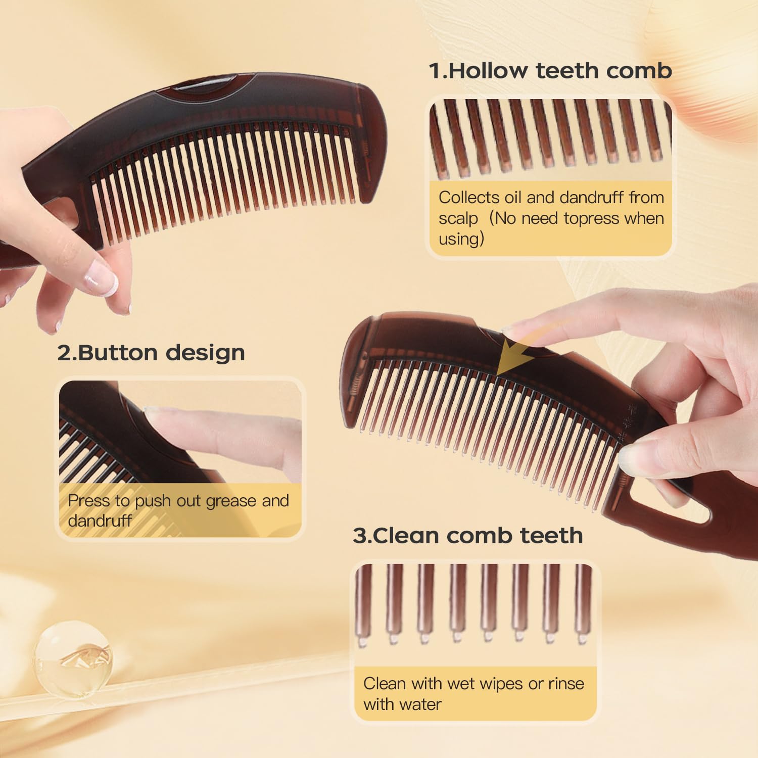 Dandruff Comb Self-cleaning, Scalp Care Massage Energy Comb, Plastic Wide Hollow Tooth Button Comb for Scalp Exfoliation with Gua Sha Handle for Healthier Scalp and Hair Growth for Women Men Kids