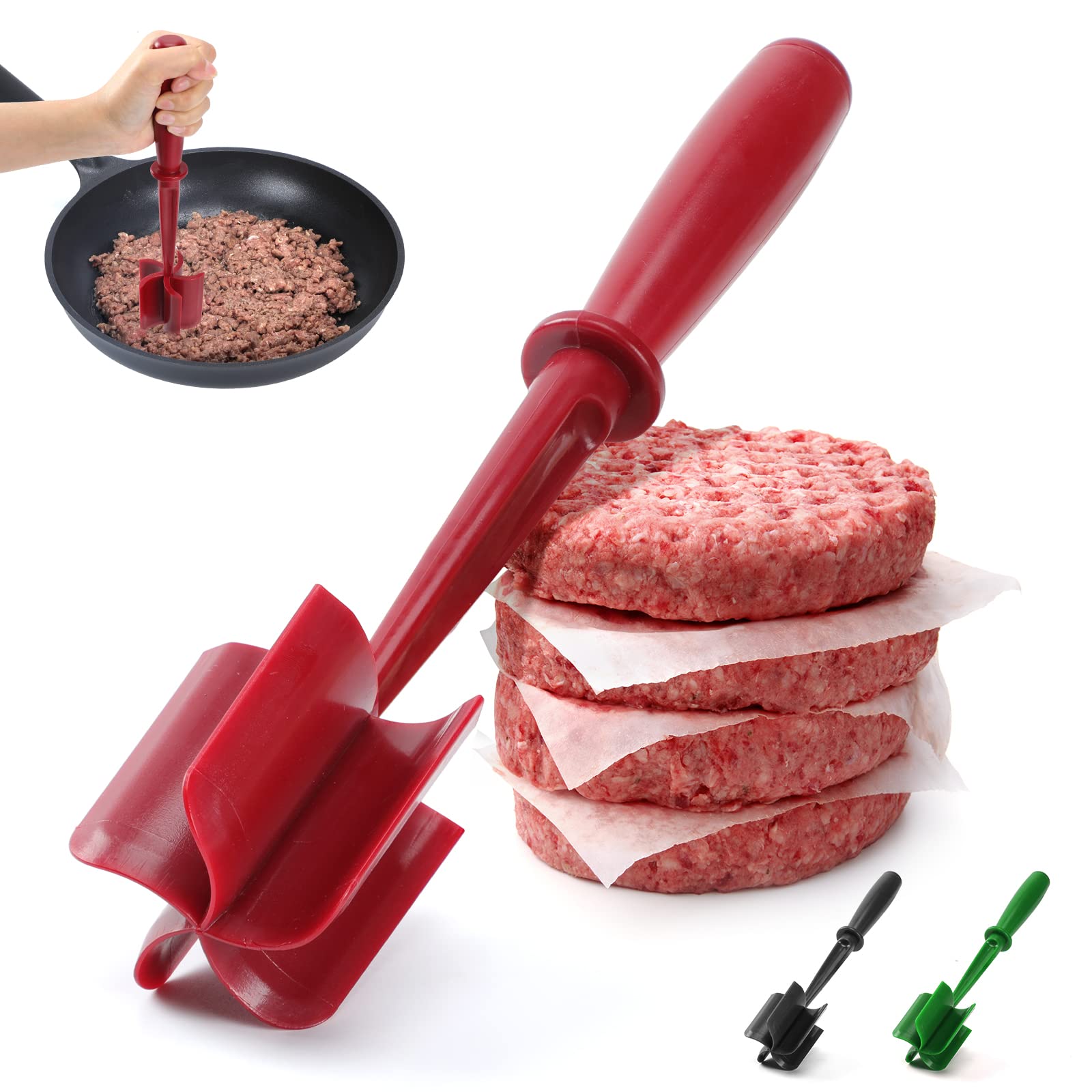 CUNSENR Premium Meat Chopper for Ground Beef - Heat Resistant Meat Masher - Kitchen Tools & Gadgets - Durable Ground Beef Smasher - Non Stick Hamburger Chopper - Cook Ground Meat with Ease(Red)