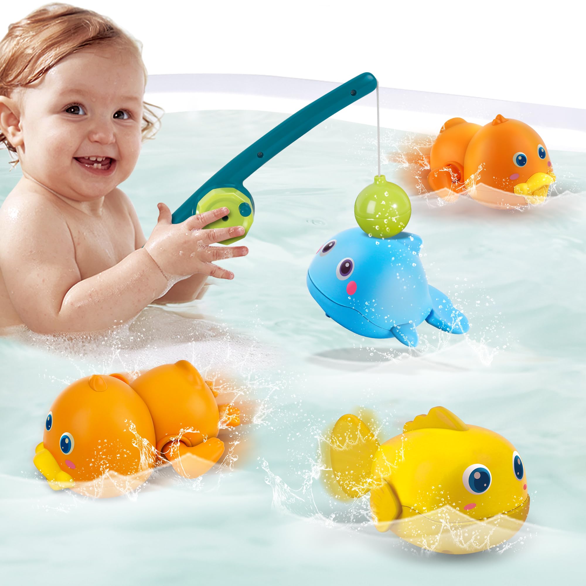 Dwi Dowellin Bath Toys for Toddlers, Magnetic Fishing Games Kids Bathtub Toys, Mold Free Wind-up Toys Swimming Fish Duck Whale Floating Water Toys for Kids Baby Infant