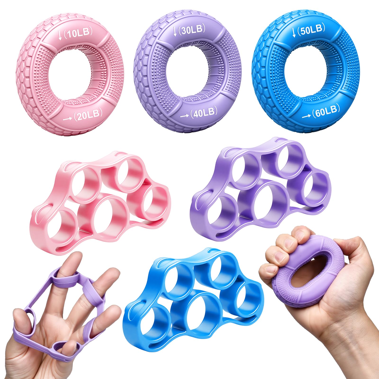 TEAWOO 6-Pack Grip Strength Trainer Kit, 3 Colors Forearm Strengthener & Hand Grip Strengthener, Finger Exerciser & Stretcher for Strength Training, Recovery & Flexibility