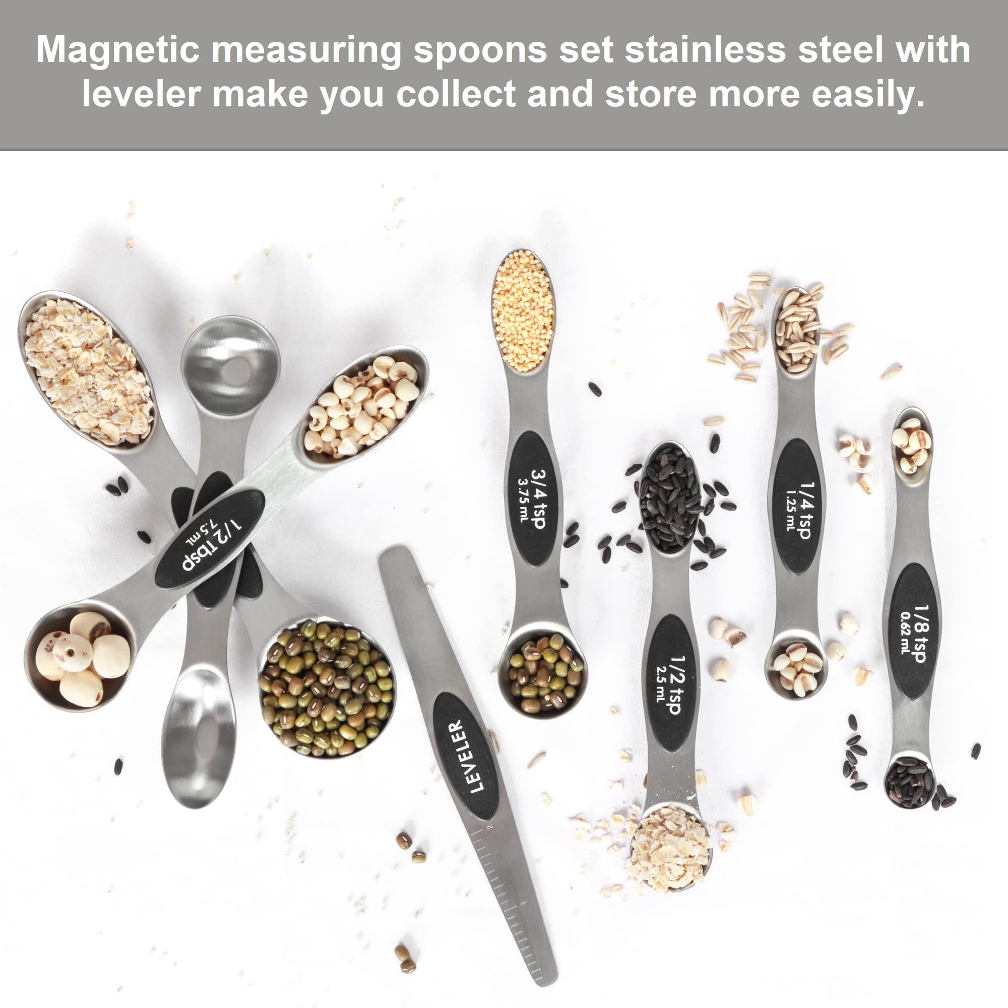 Magnetic Measuring Spoons Set Stainless Steel with Leveler, Stackable Metal Tablespoon Measure Spoon for Baking, Cups and Spoon Set Kitchen Gadgets Apartment Essentials Fits in Spice Jars