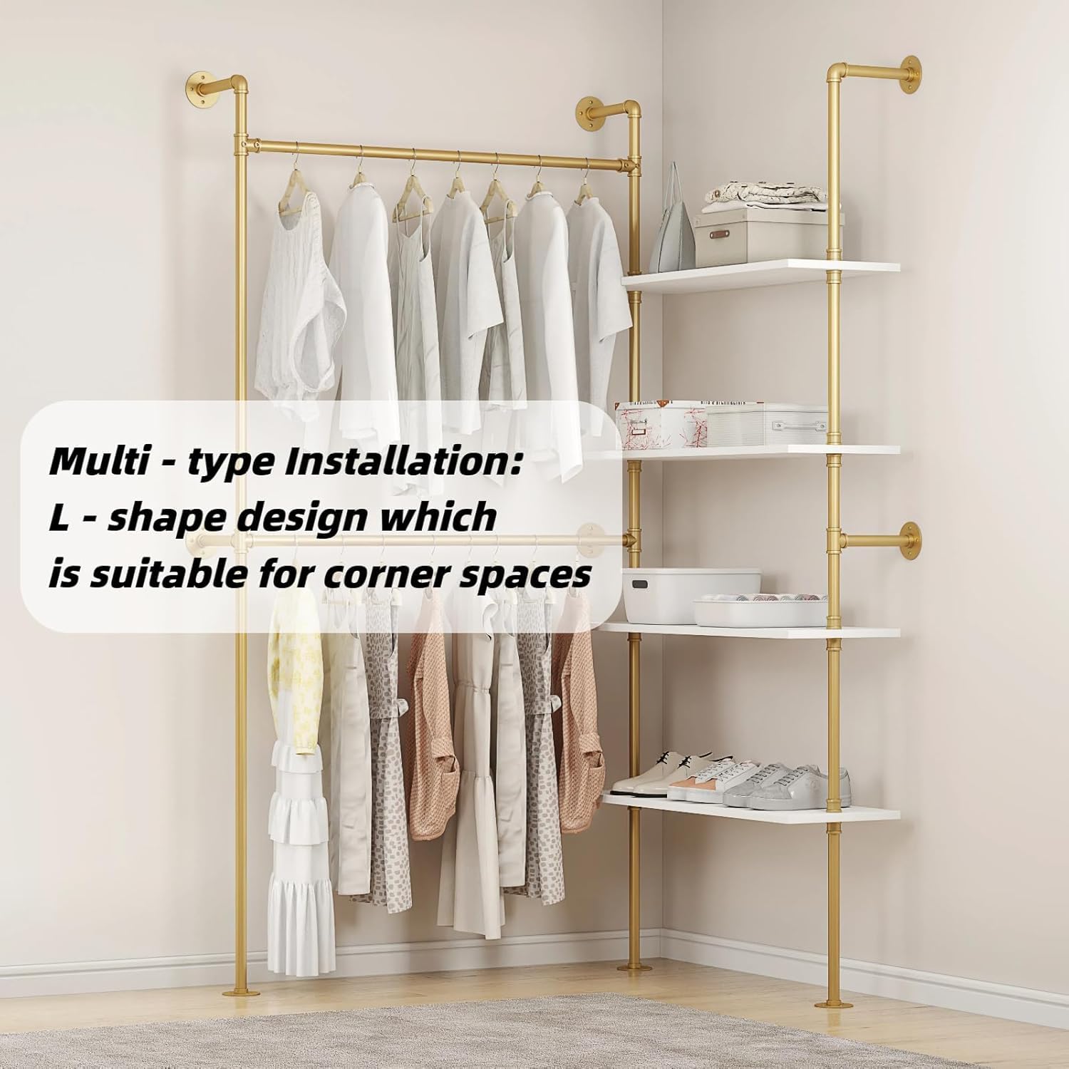 Woskar Industrial Pipe Clothing Rack, Hanging Rods Clothes Rack with Shelves, Clothes Rack for Wardrobe, Corner Closet System for Walk in Closets (Gold)
