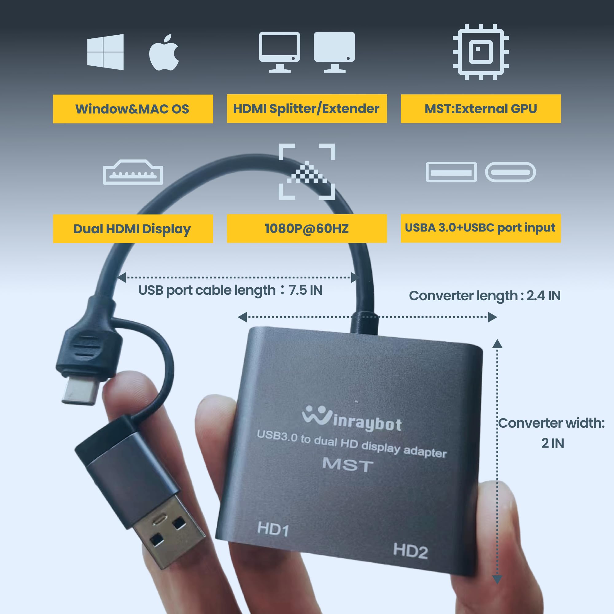 USB to HDMI Adapter for 2 Monitors-USB3.0 to Dual hdmi Adapter for 3 Monitors-USB to displayport Adapter Supports Mac & Windows/Dual HDMI Extender -External Video & Graphics Card Adapter