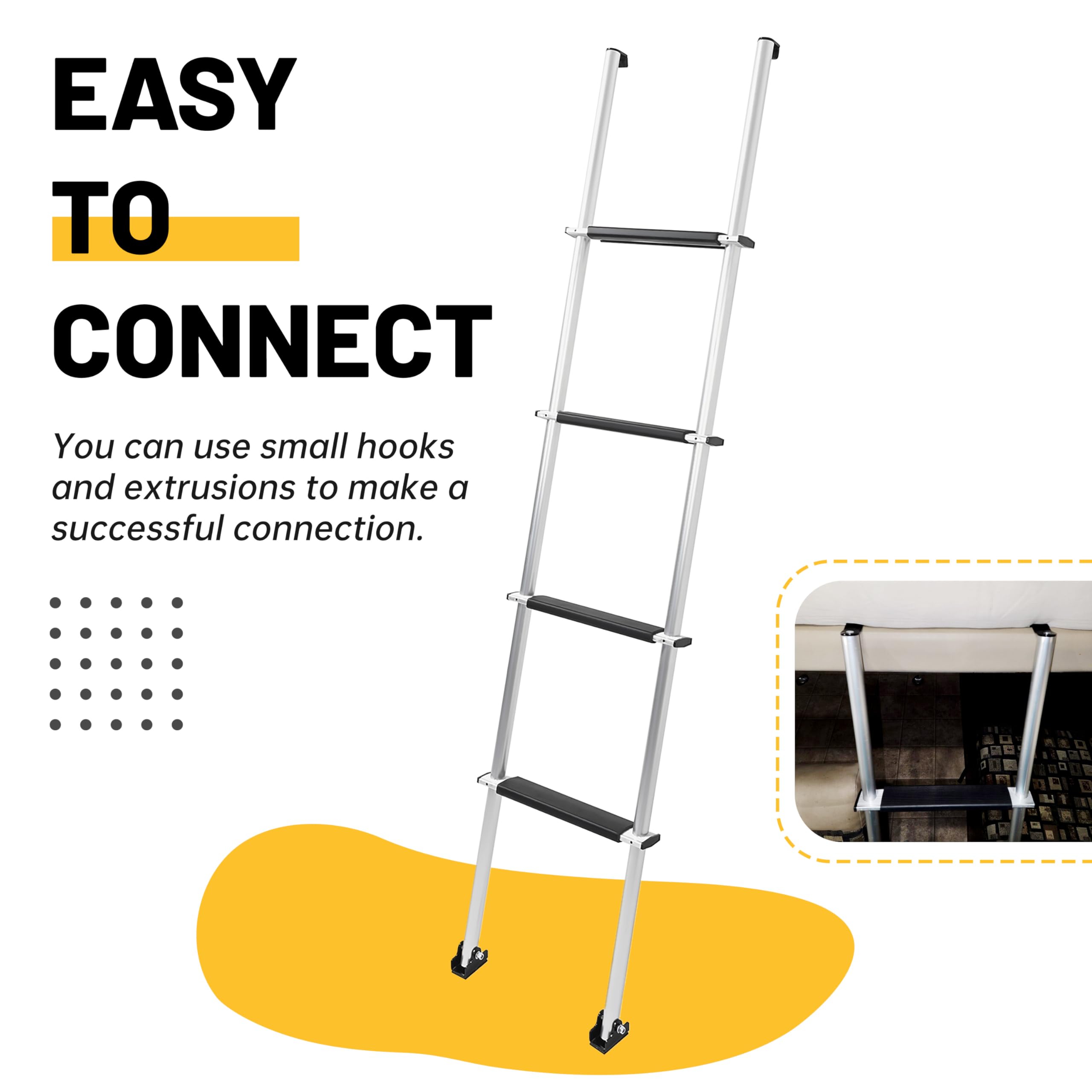 KUAFU 60'' Bunk Ladder Compatible with RV W/Hook and Rubber Foot Pads Aluminum Anti-Slip Bunk Bed Dorm Loft Home Appartments Ladder Lightweight and Sturdy Design for Safe Climbing 450LBS