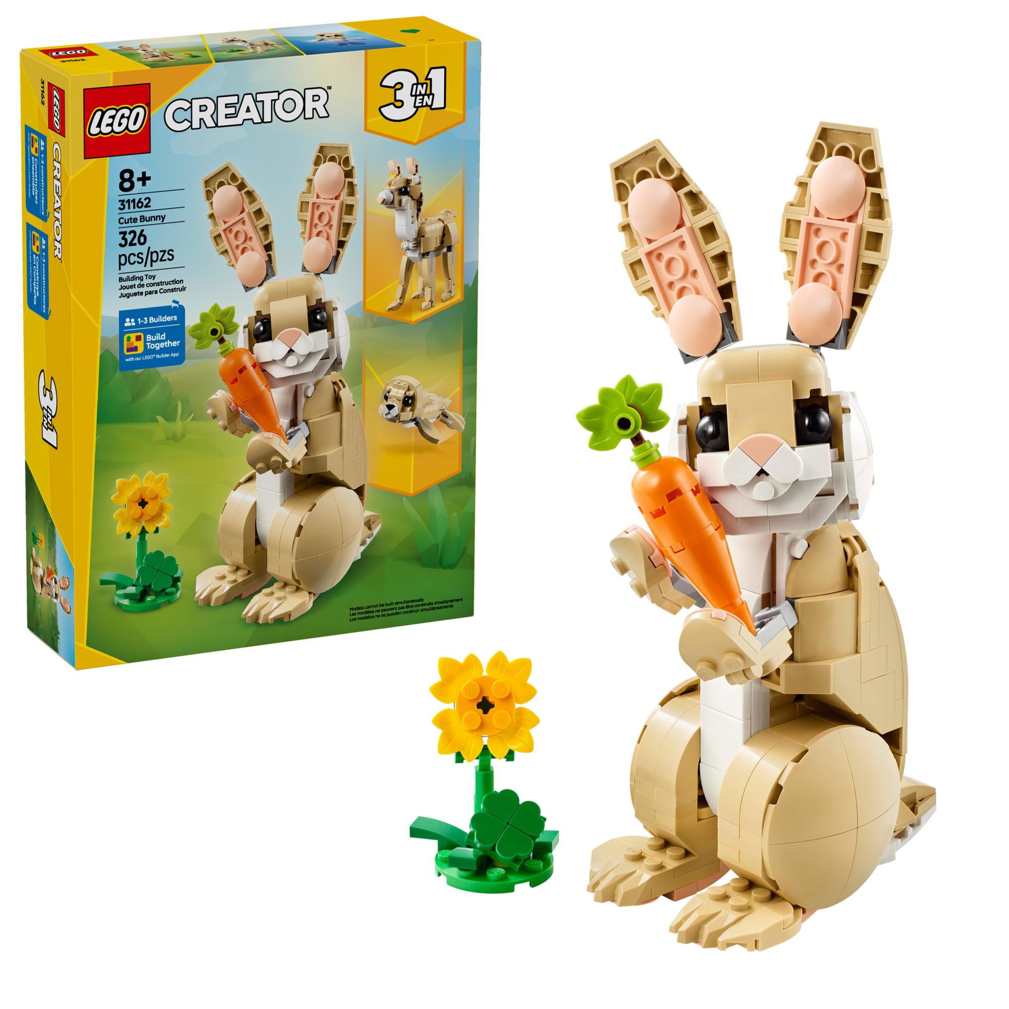 LEGO Creator 3 in 1 Cute Bunny Toy - Building Toy Set with 3 Build Options, Bunny, Seal, or Llama - Easter Basket Gift & Craft - Animal Figures for Kids, Girls and Boys, Ages 8+ - 31162