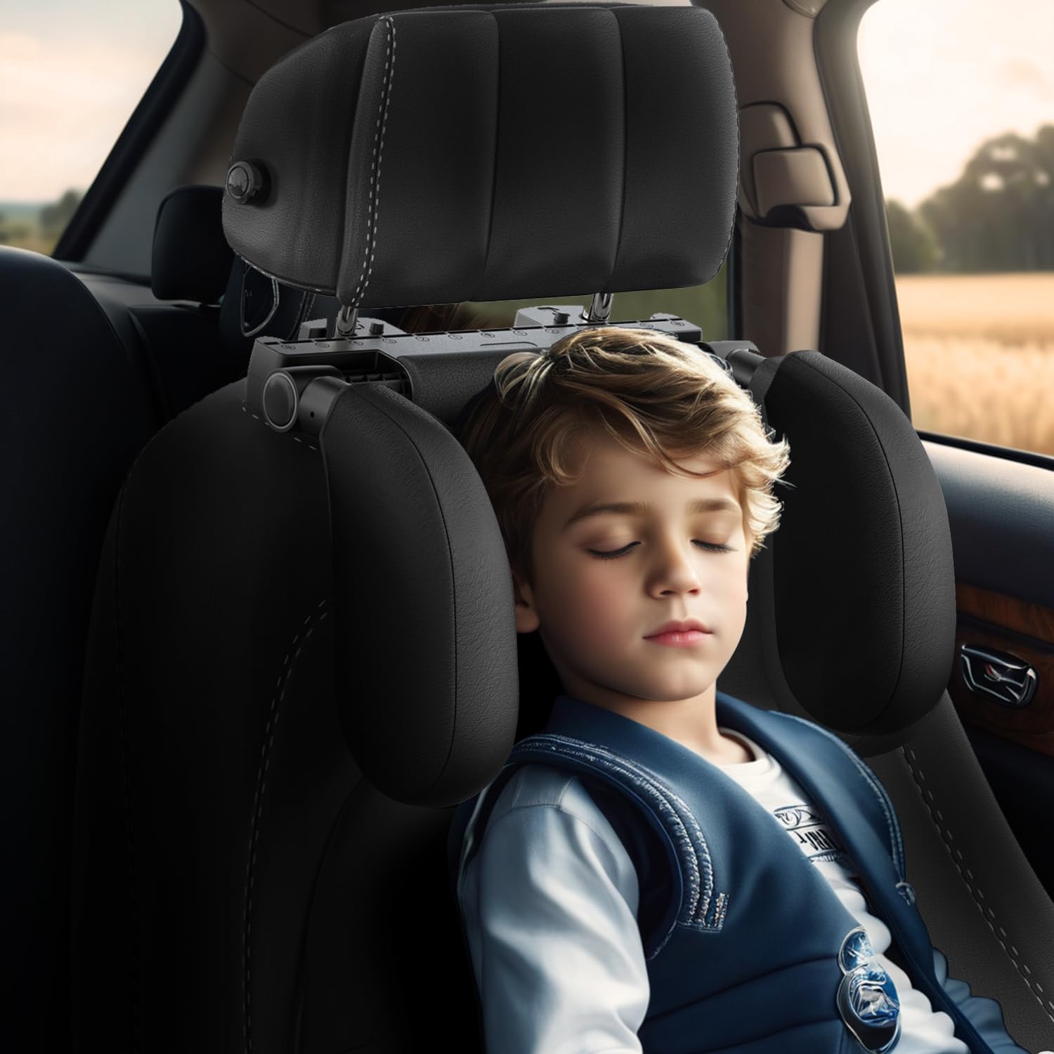Car Headrest Pillow, Thickened Memory Foam Road Pal Headrest, Neck Support Pillow, 180° Adjustable Car Headrest, U- Shaped Design, Travel Car Sleeping,Suitable for Kids and Adults (Black)