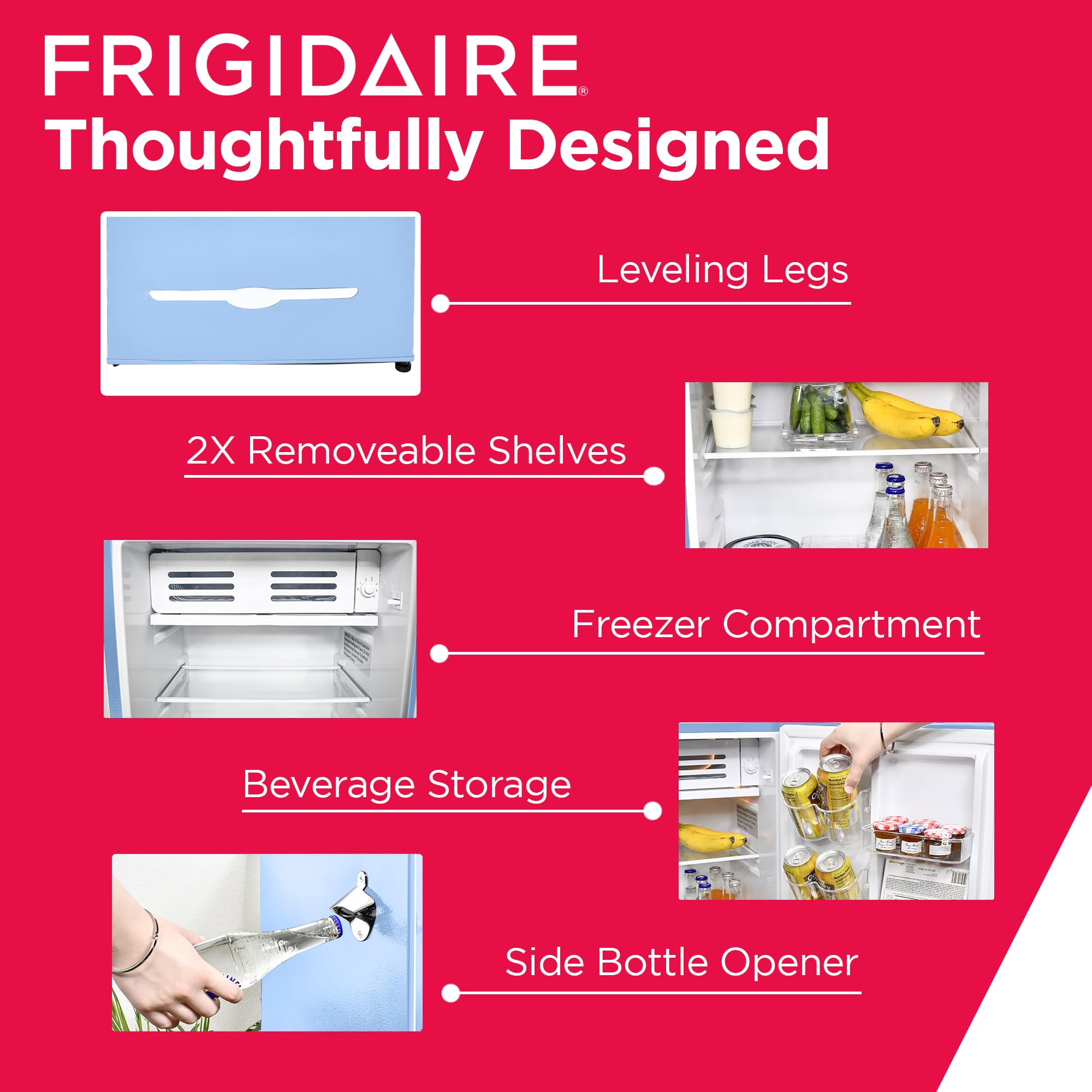 Frigidaire Retro Compact Fridge with Chiller, 3.2 cu ft Countertop Fridge with Built-In Bottle Opener, Compact Refrigerator for Office, Bedroom, Dorm Room or Cabin - 16.5"D x 19"W x 31"H (Blue)