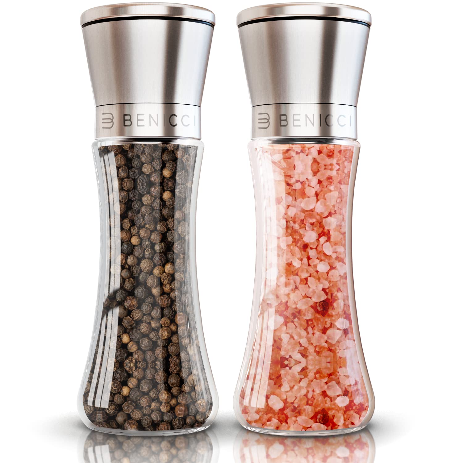 Premium Salt and Pepper Grinder Set of 2 - Two Refillable, Stainless Steel Sea & Spice Shakers with Adjustable Coarse Mills Easy Clean Ceramic Grinders w/BONUS Silicone Funnel Cleaning Brush