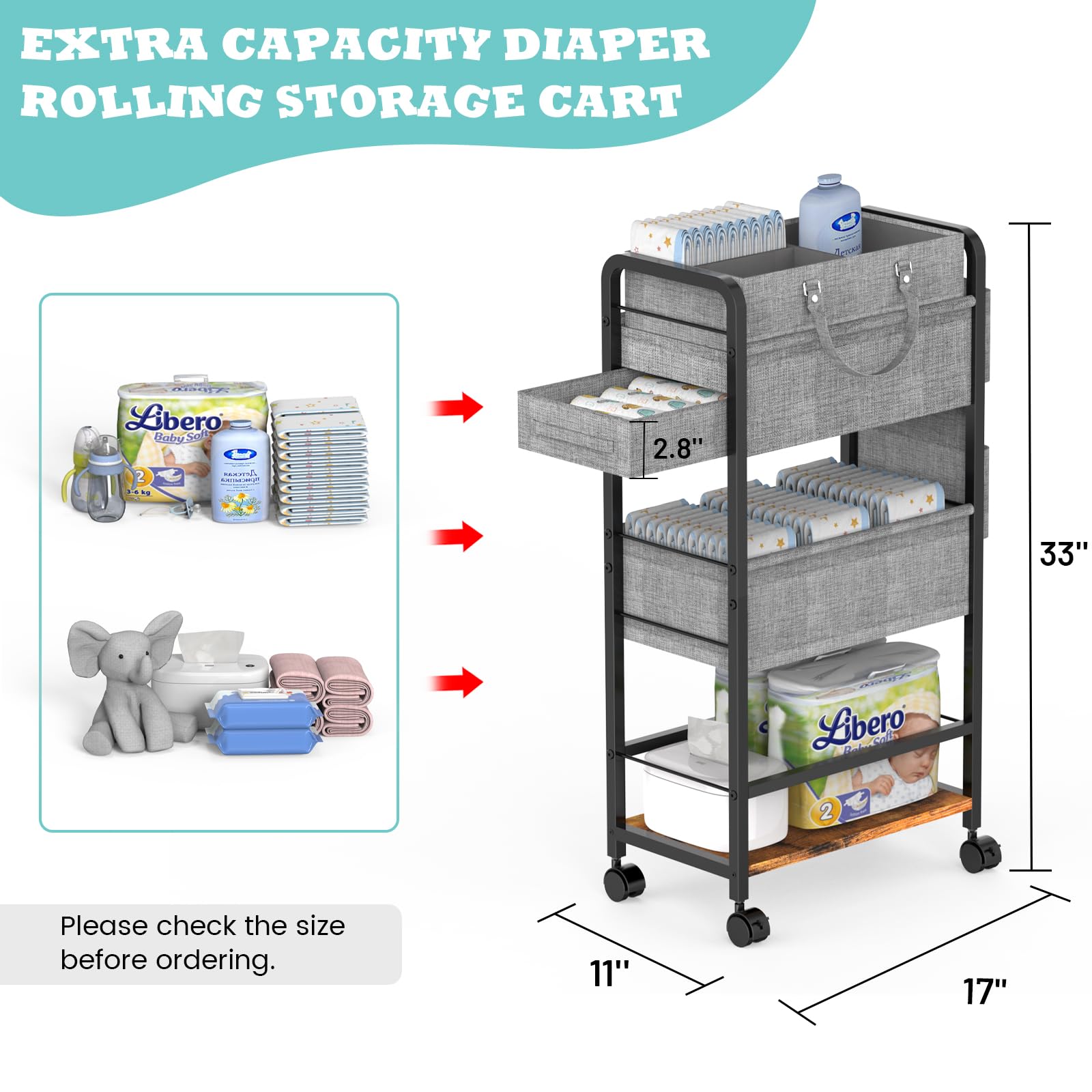 2In1 Baby Diaper Caddy & 4-Tier Diaper Cart Organizer With Wheels, Diaper Rolling Cart with Dividers & Dust-proof Drawer, Metal Detachable Bedside Cart for Nursery Essentials Storage, Large Capacity