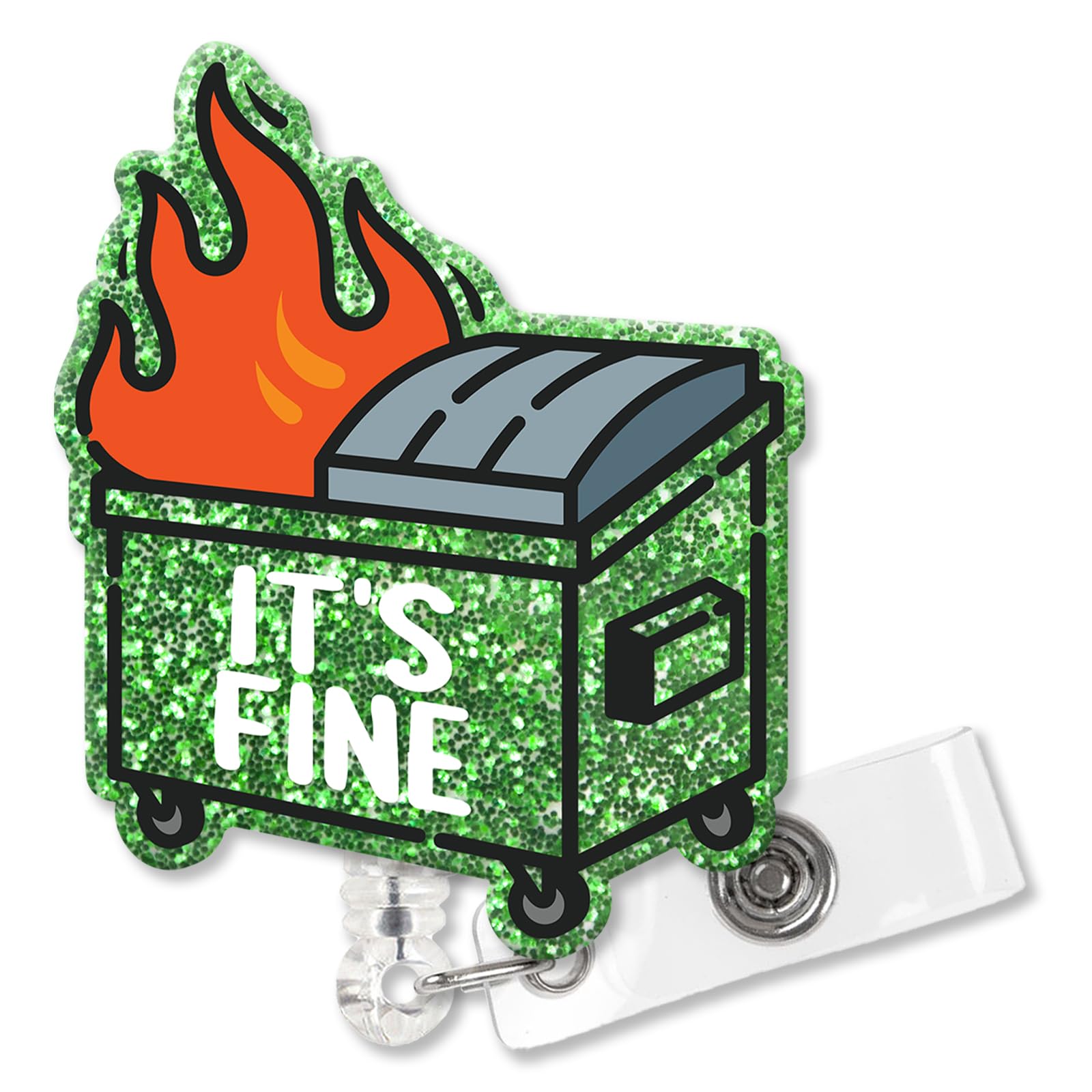 XQLZY It's Fine I'm Fine Green Glitter Cute Badge Reel Retractable with Alligator Clip, Funny Trash Can ID Card Badge Holder Gifts for Nurse Doctor Office Colleagues Firefighters Social Workers E