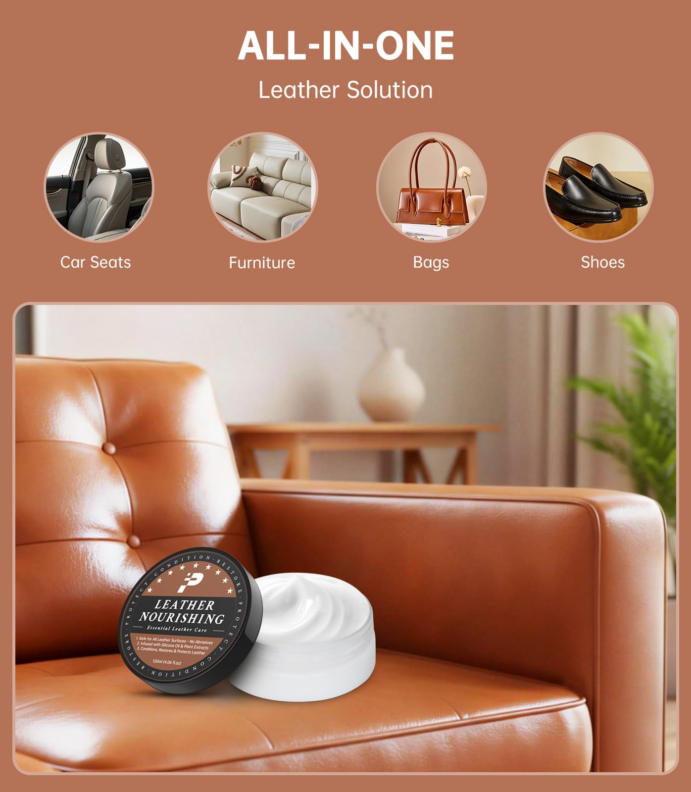 Leather Conditioner - 2 Pack, All-In-One Leather Care Treatment for Couch, Sofa & Furniture, Restores Softness & Shine, Safe for Shoes, Boots, Purses, Car Interior & Leather Seats, Family & Pet Safe