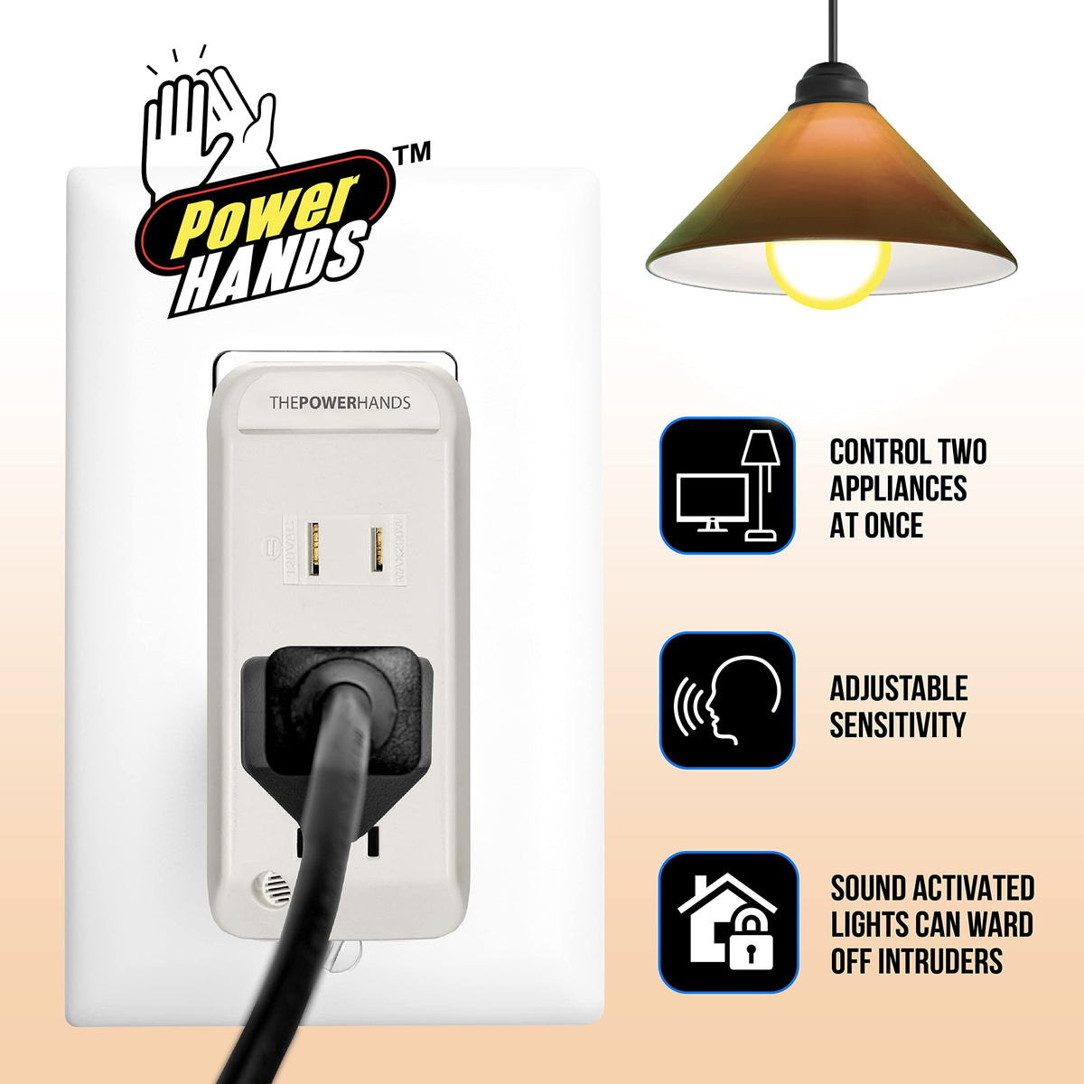 Power Hands | Clapping Light Control Noise Detecting Wireless Wall Outlet with a 3 Level Sensitivity Switch | Turns Appliances On/Off with Clapping Sound Sensor | 120V 200W 2 Outlet