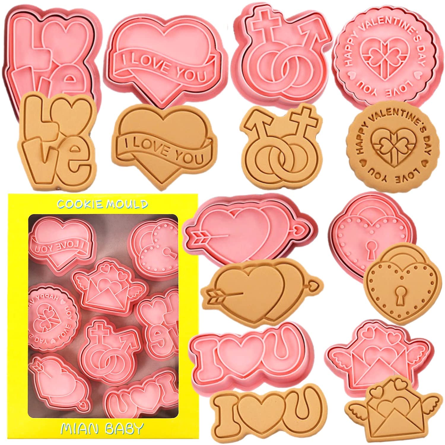 Valentines Day Cookie Cutter Set-8 Pieces Plastic Valentines Cookie Cutters-3D Valentines Cookie Cutter Stamp for Valentine's Day Baking.